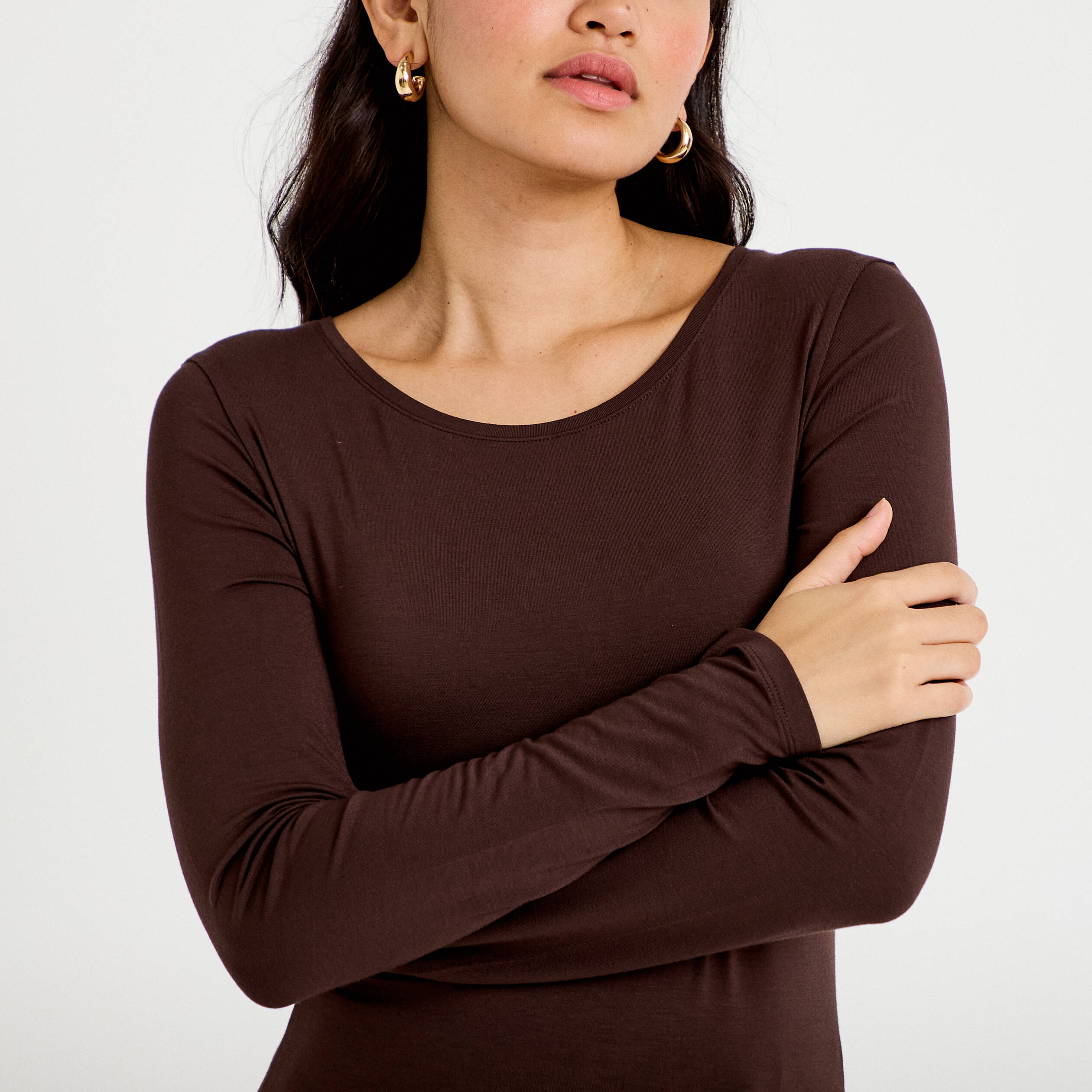T-shirt uni &agrave; manches longues marron fonc&eacute; femme