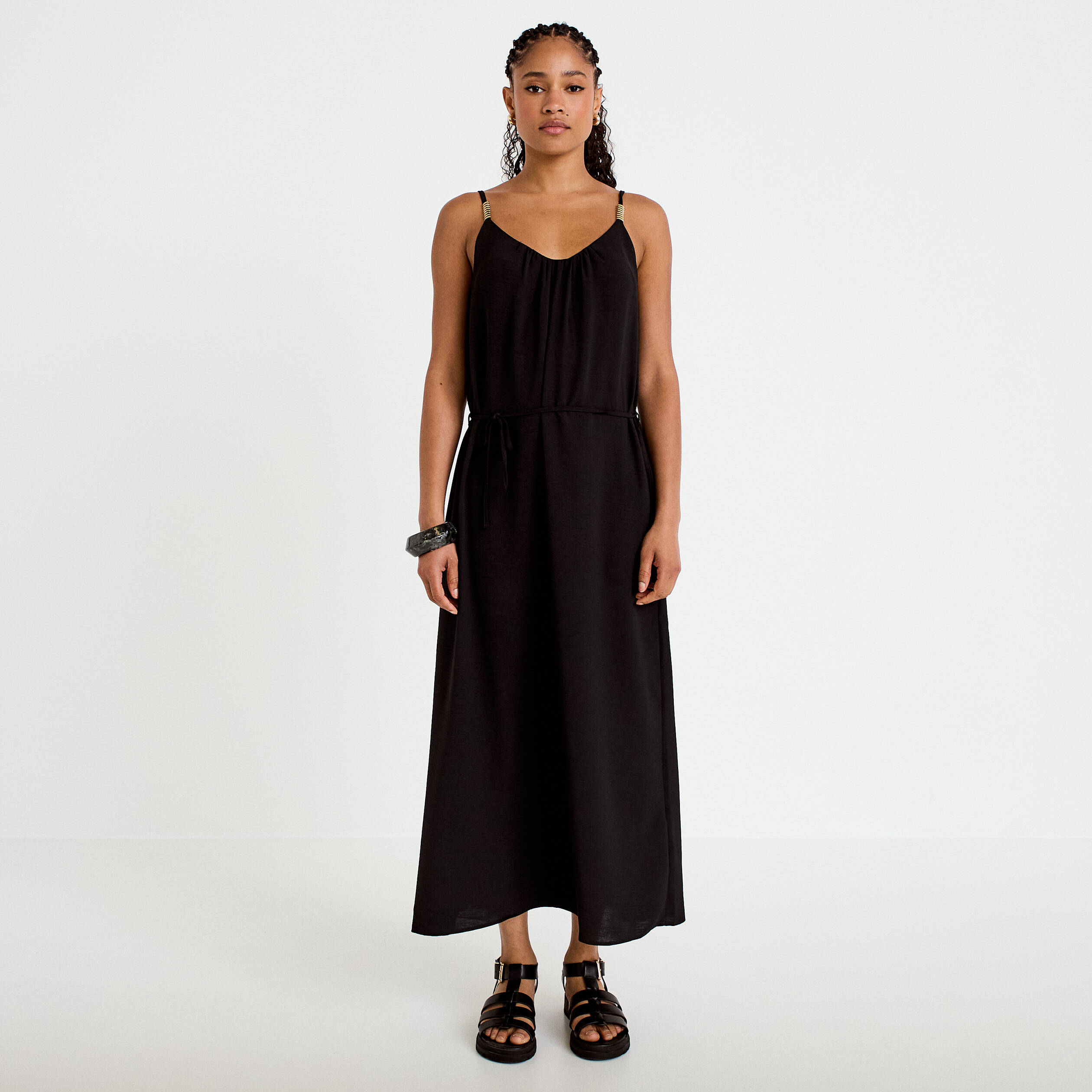 Robe longue &eacute;vas&eacute;e &agrave; fines bretelles noir femme