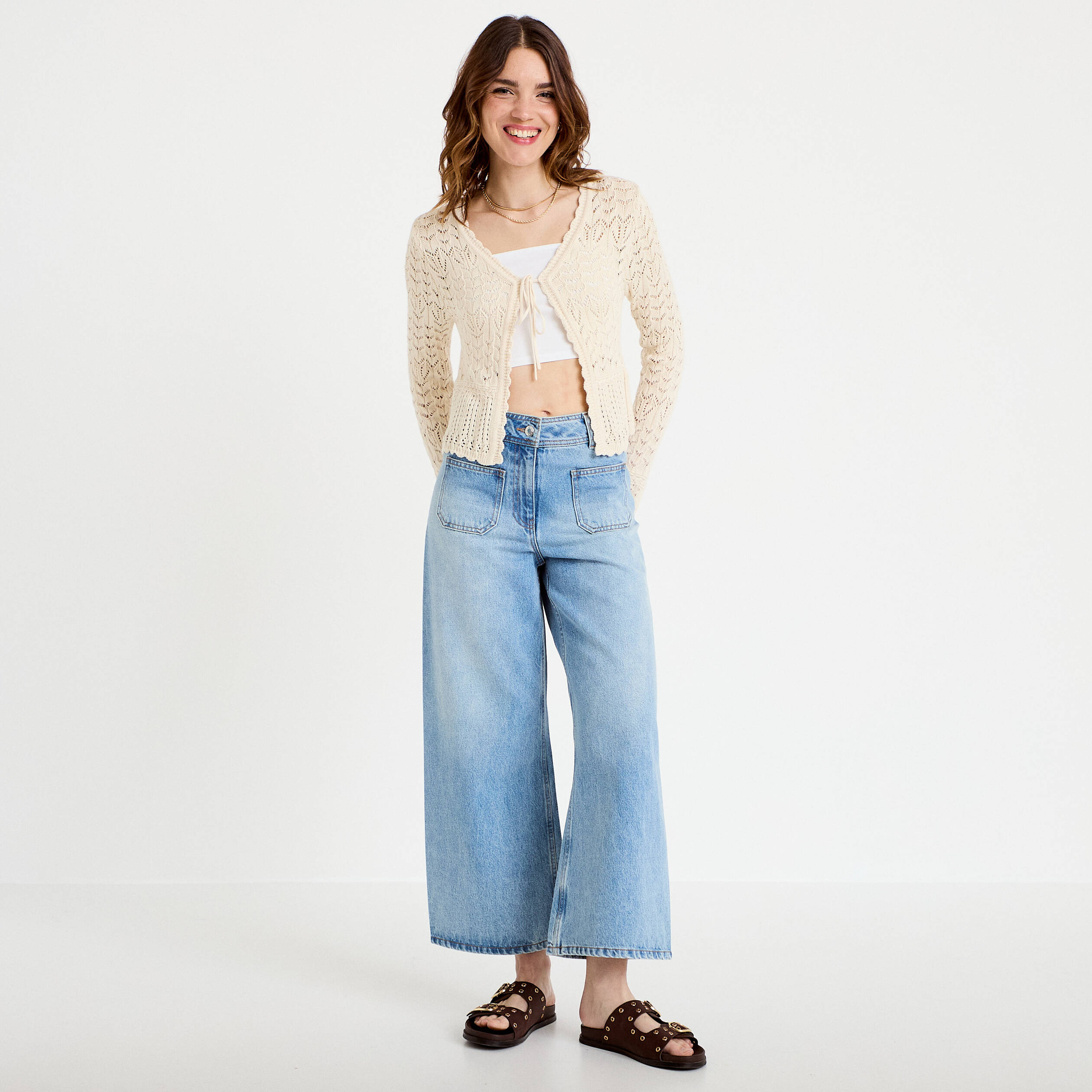 Gilet ajour&eacute; cintr&eacute; manches longues sable femme