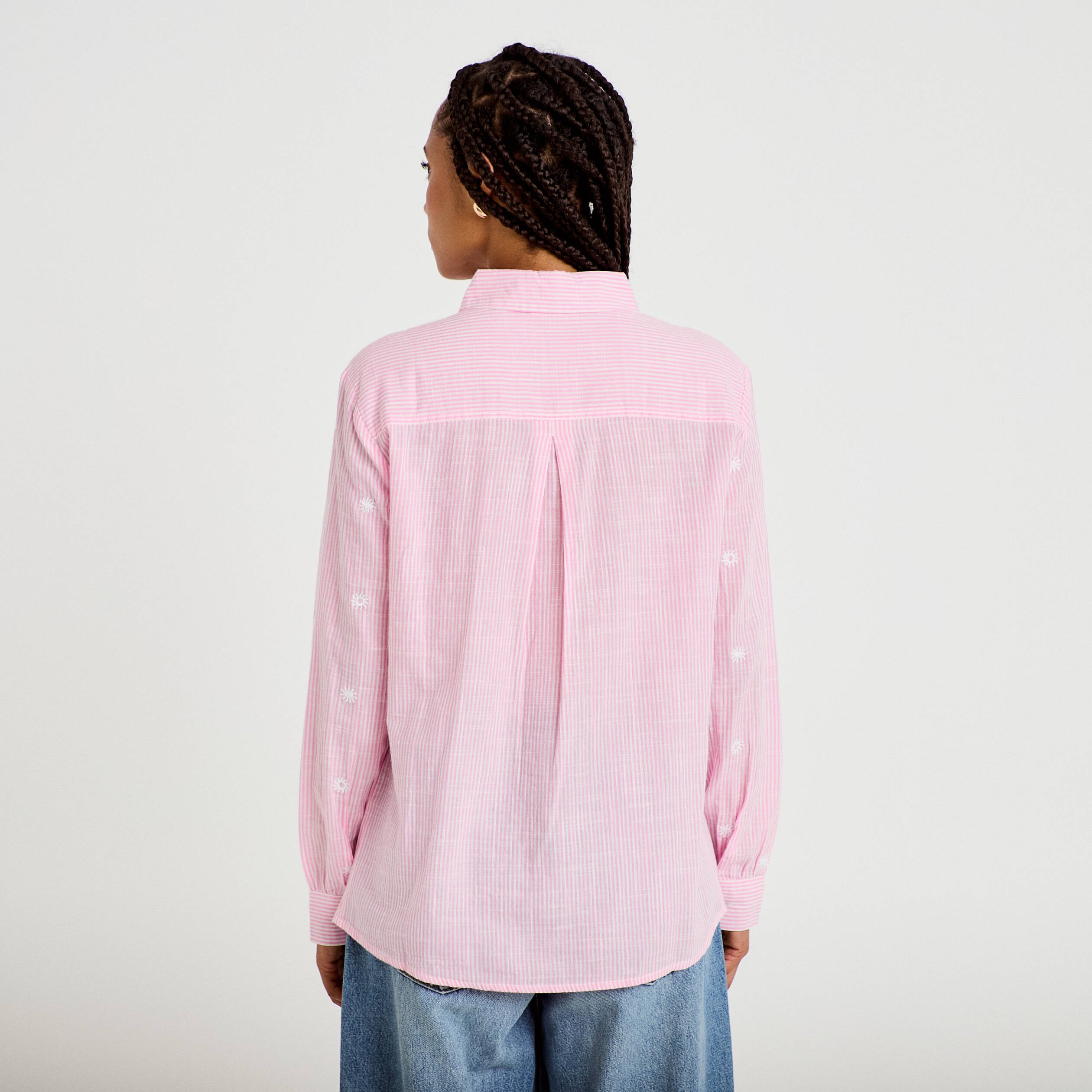 Chemise brod&eacute;e manches longues rose femme