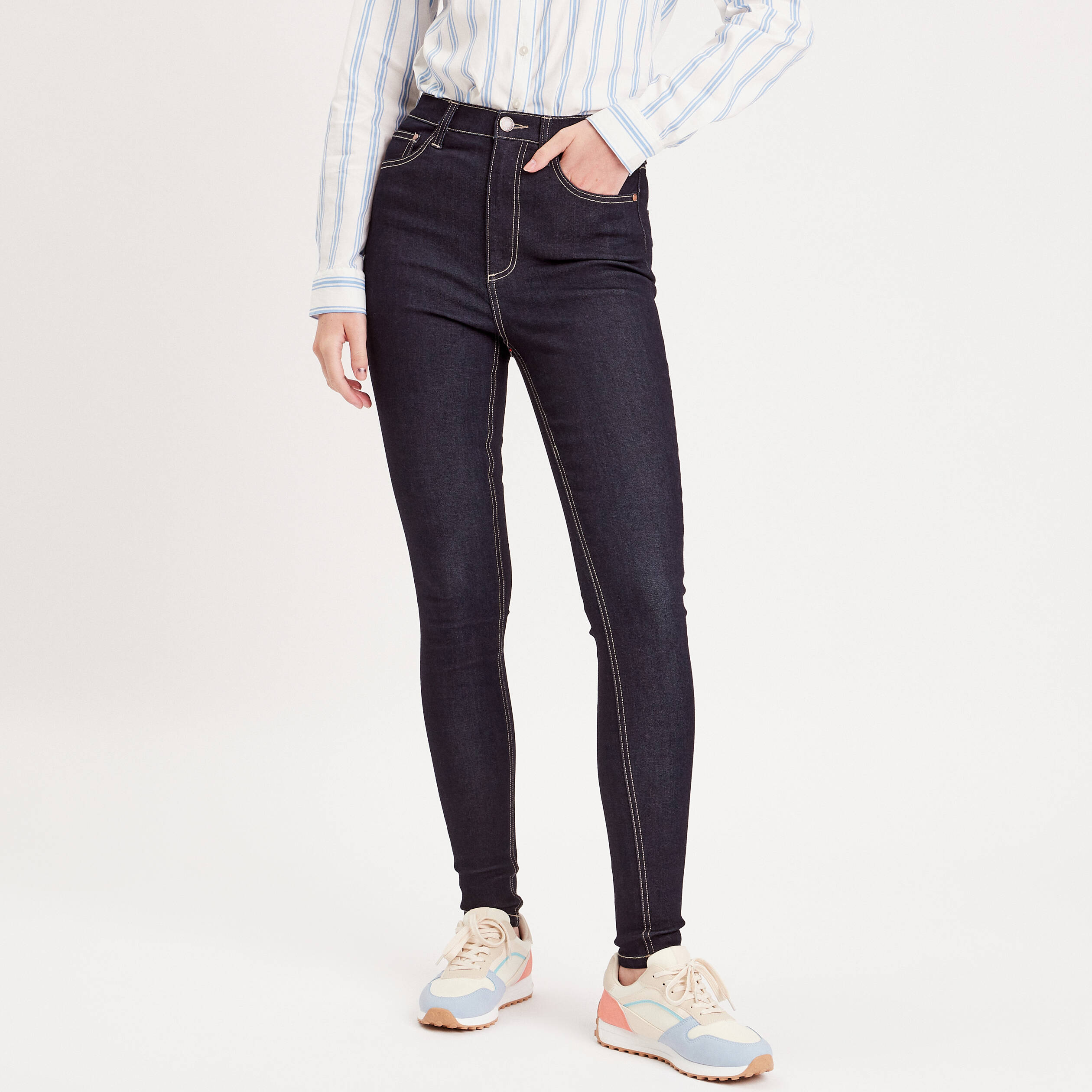 Jeans skinny taille &eacute;lastiqu&eacute;e denim brut femme