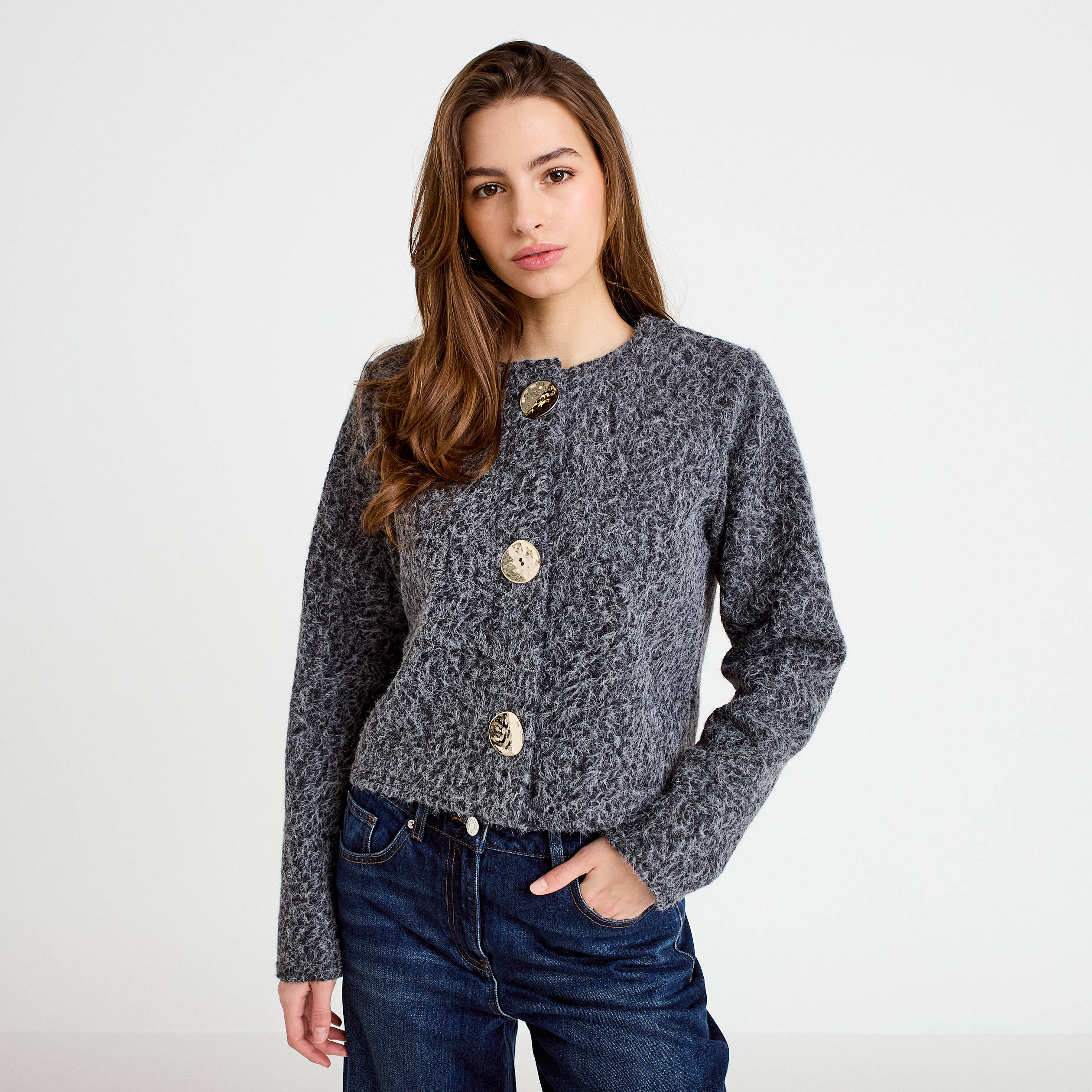 Veste effet polaire gris fonc&eacute; femme