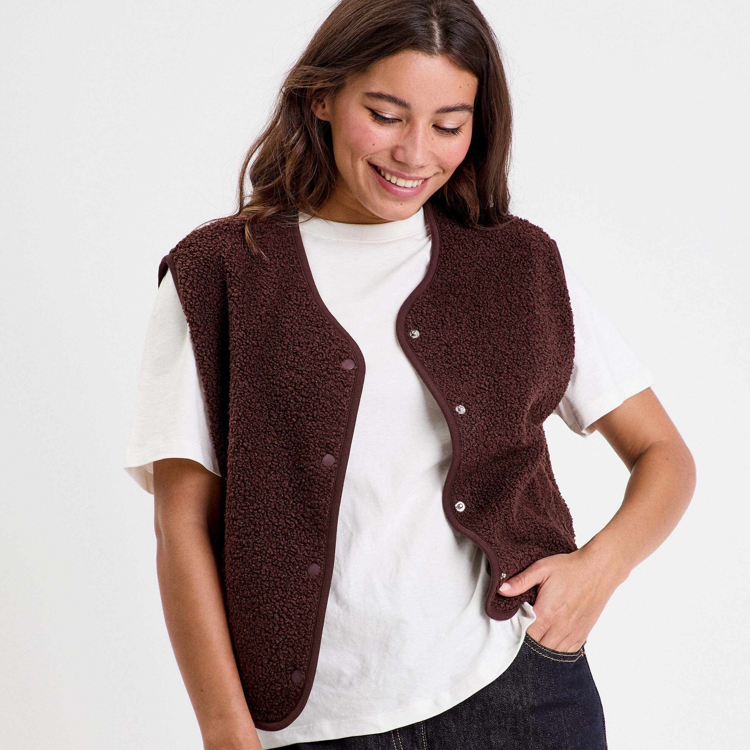 Gilet sans manches effet polaire marron fonc&eacute; femme