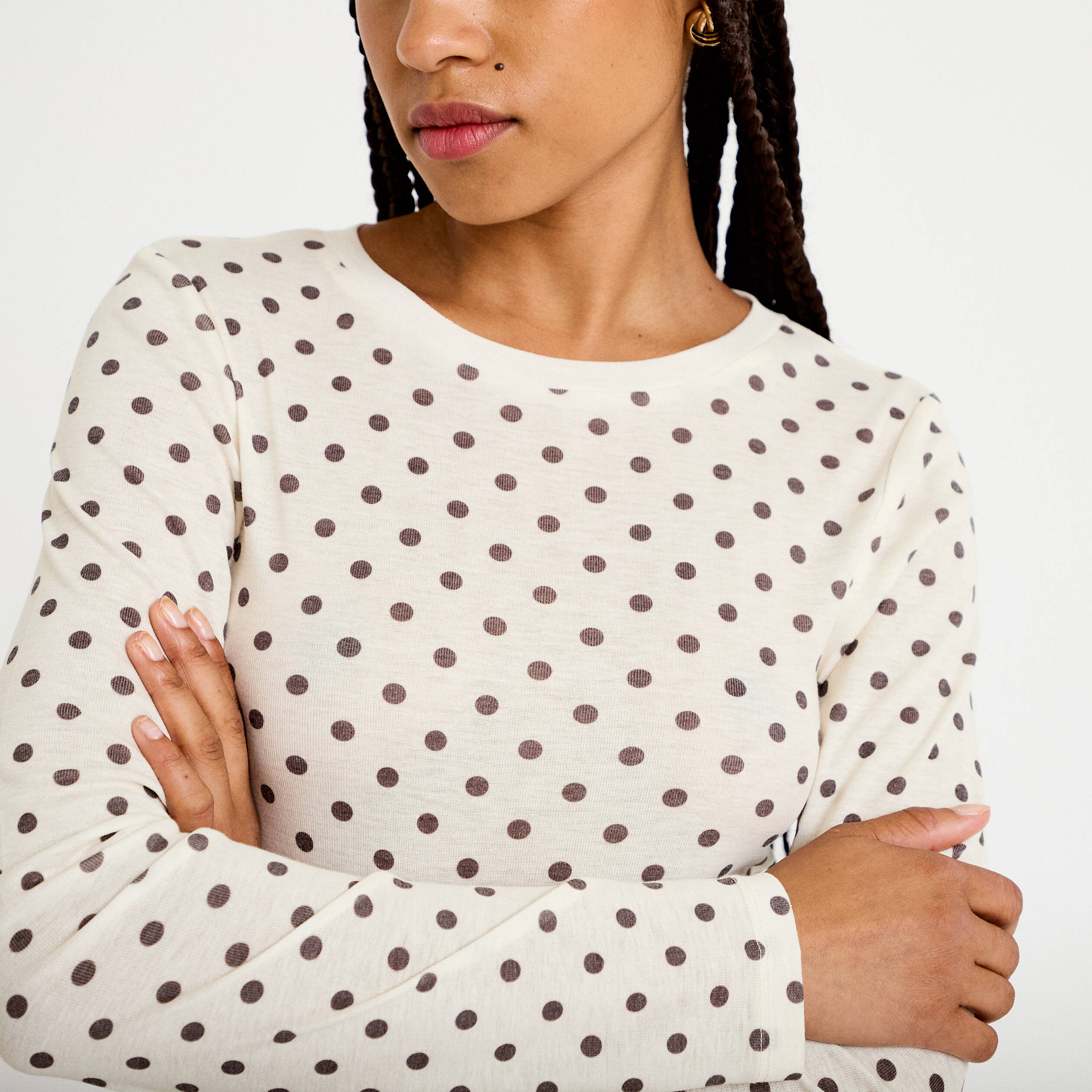 T-shirt ajust&eacute; col rond manches longues ivoire femme