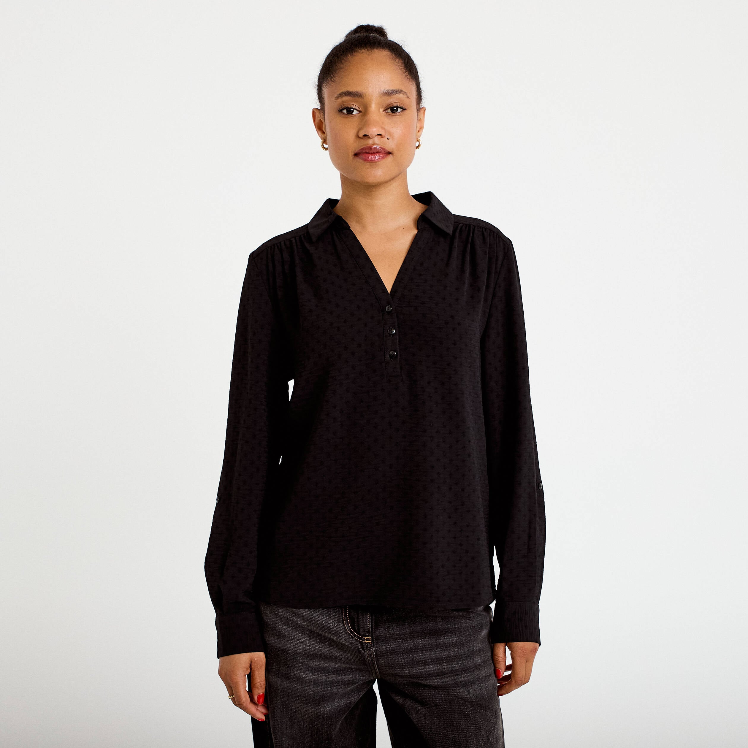 Blouse droite manches longues noir femme