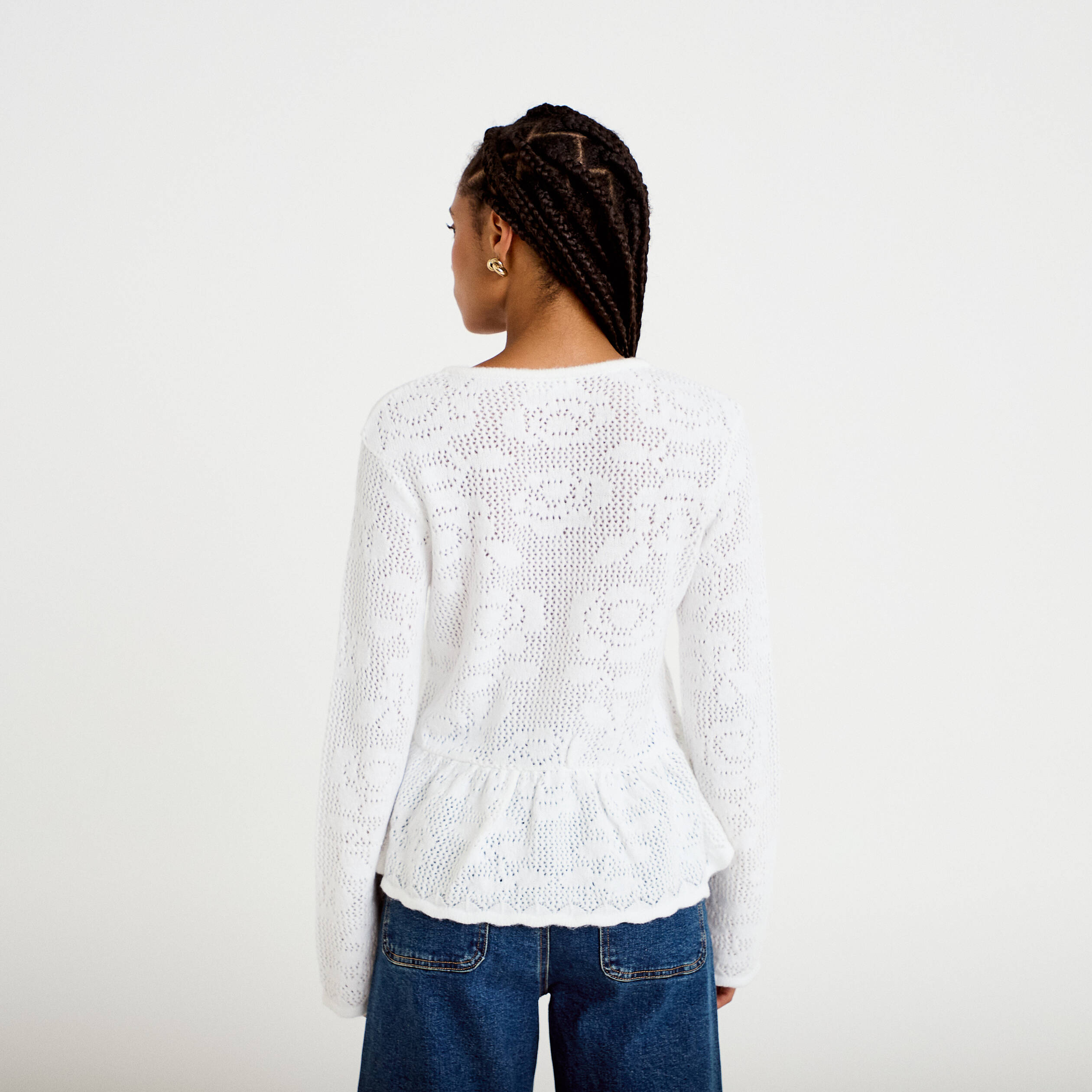 Pull ajour&eacute; p&eacute;plum manches longues ecru femme