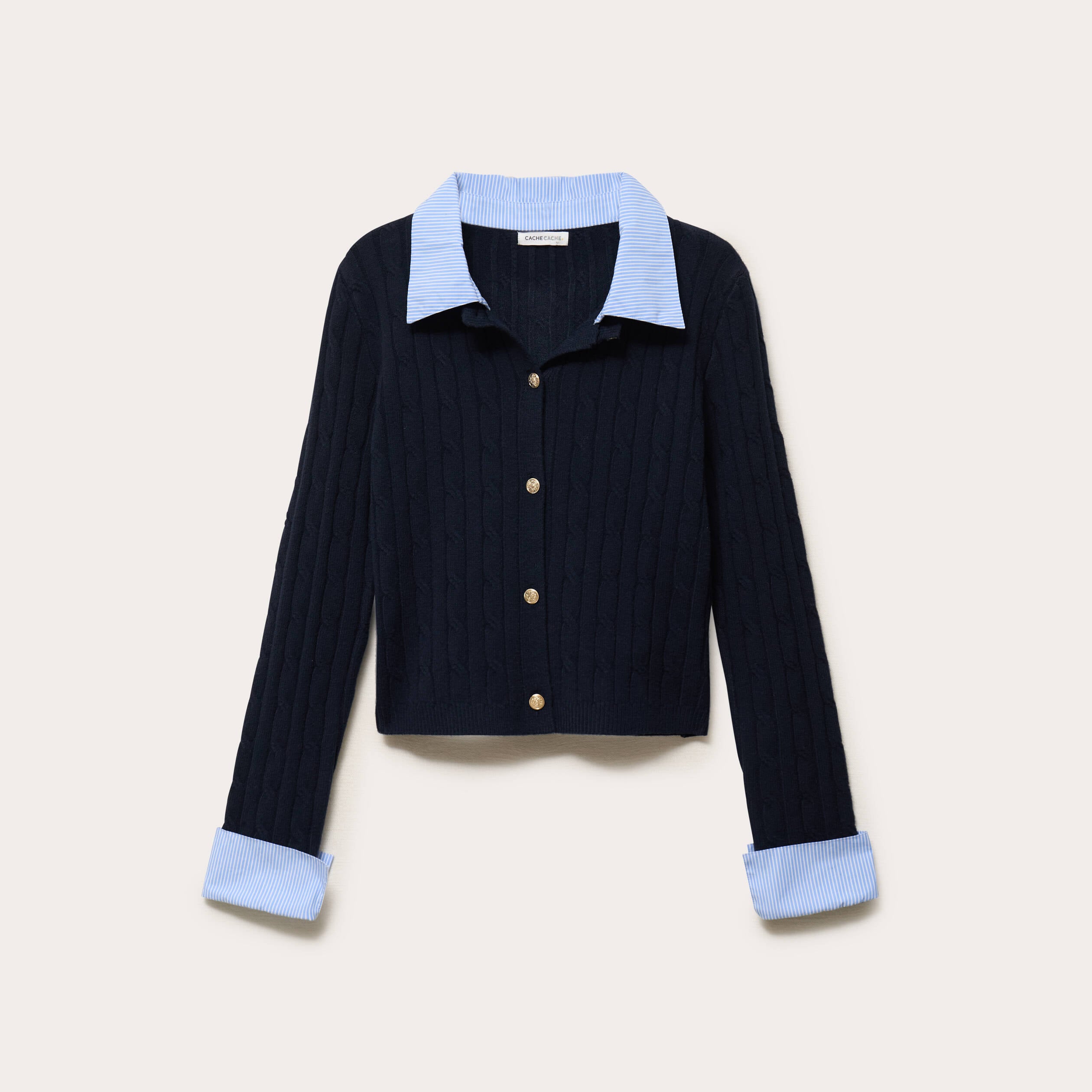 Gilet col chemise manches longues bleu marine femme