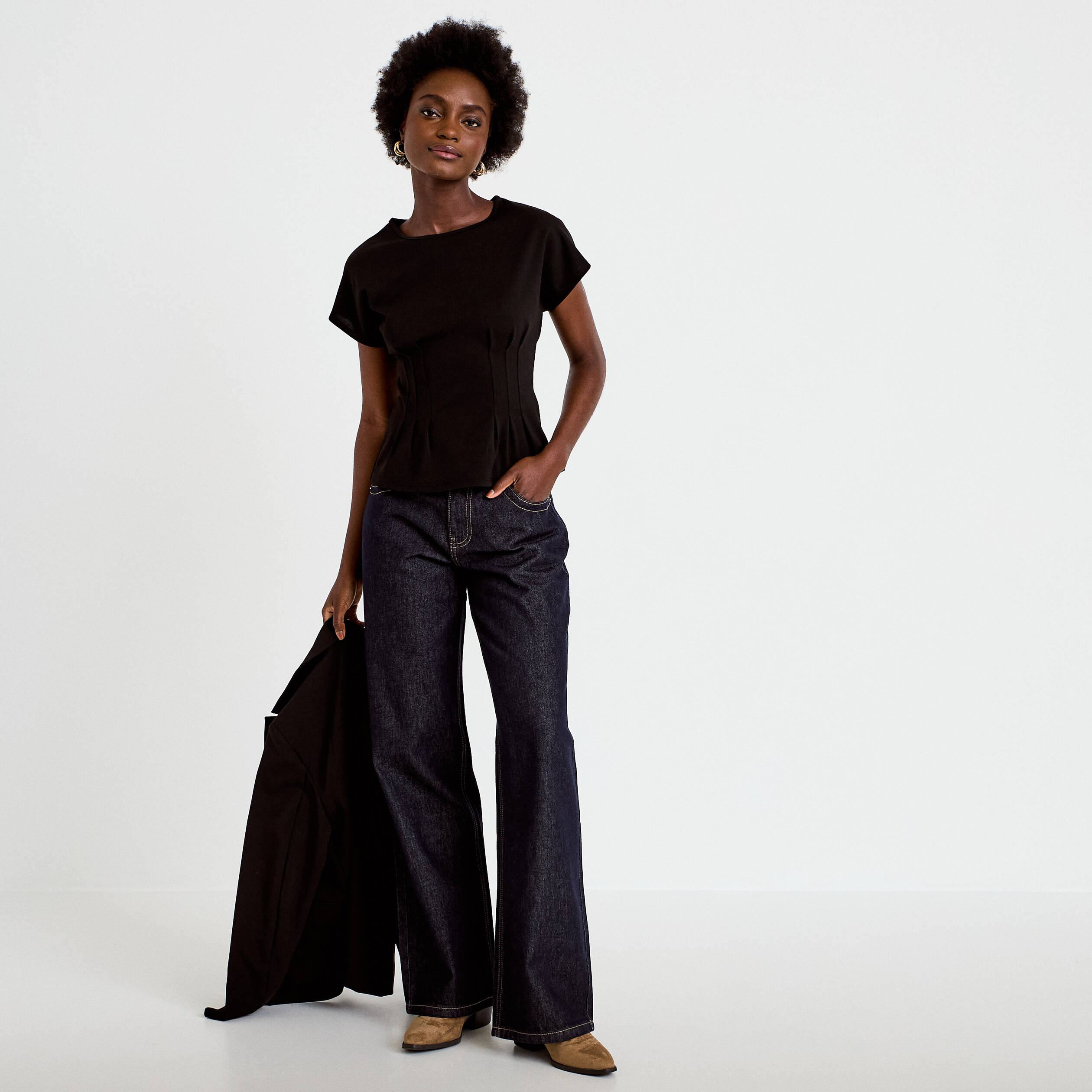 Top ajust&eacute; col rond manches courtes noir femme