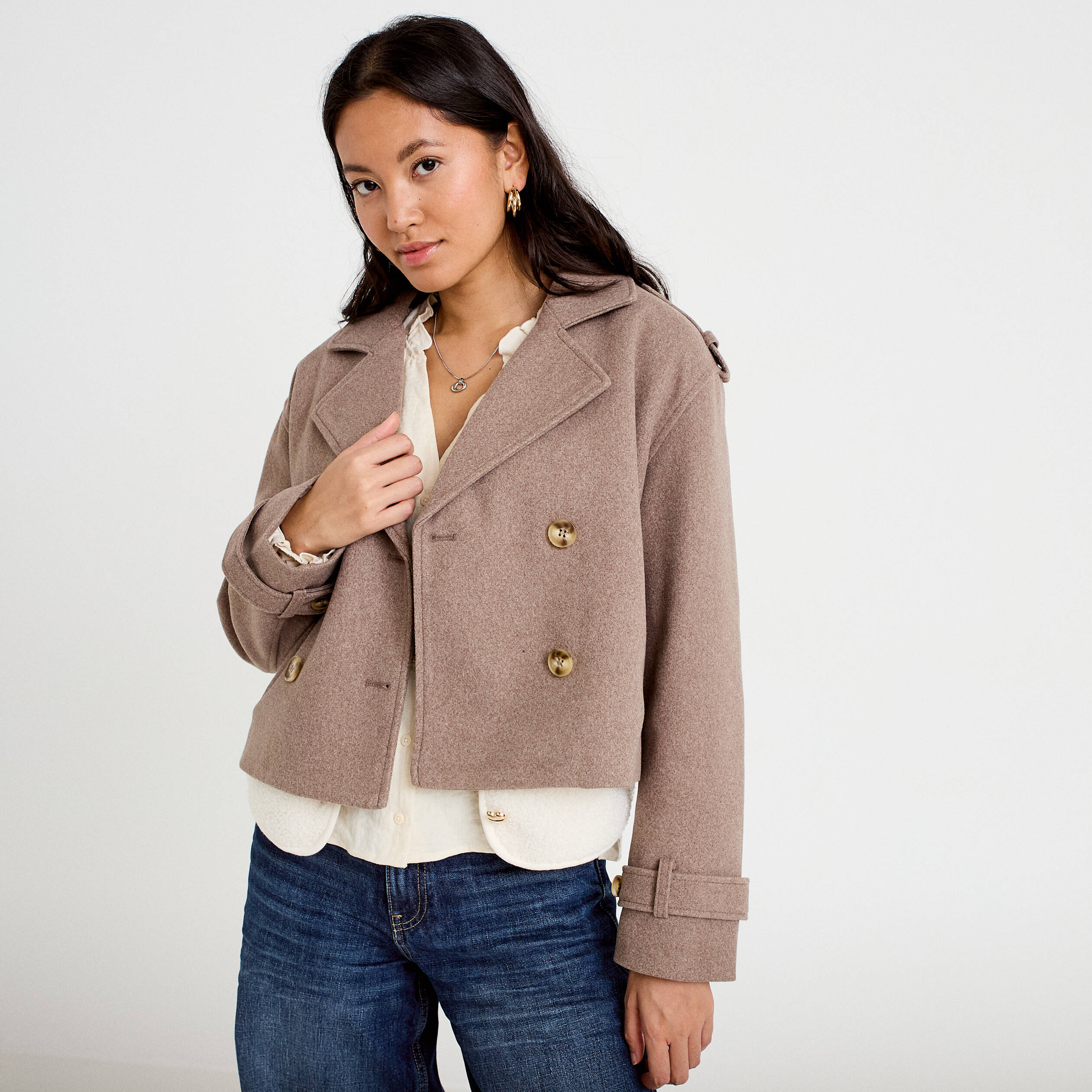 Trench court boutonn&eacute; taupe femme