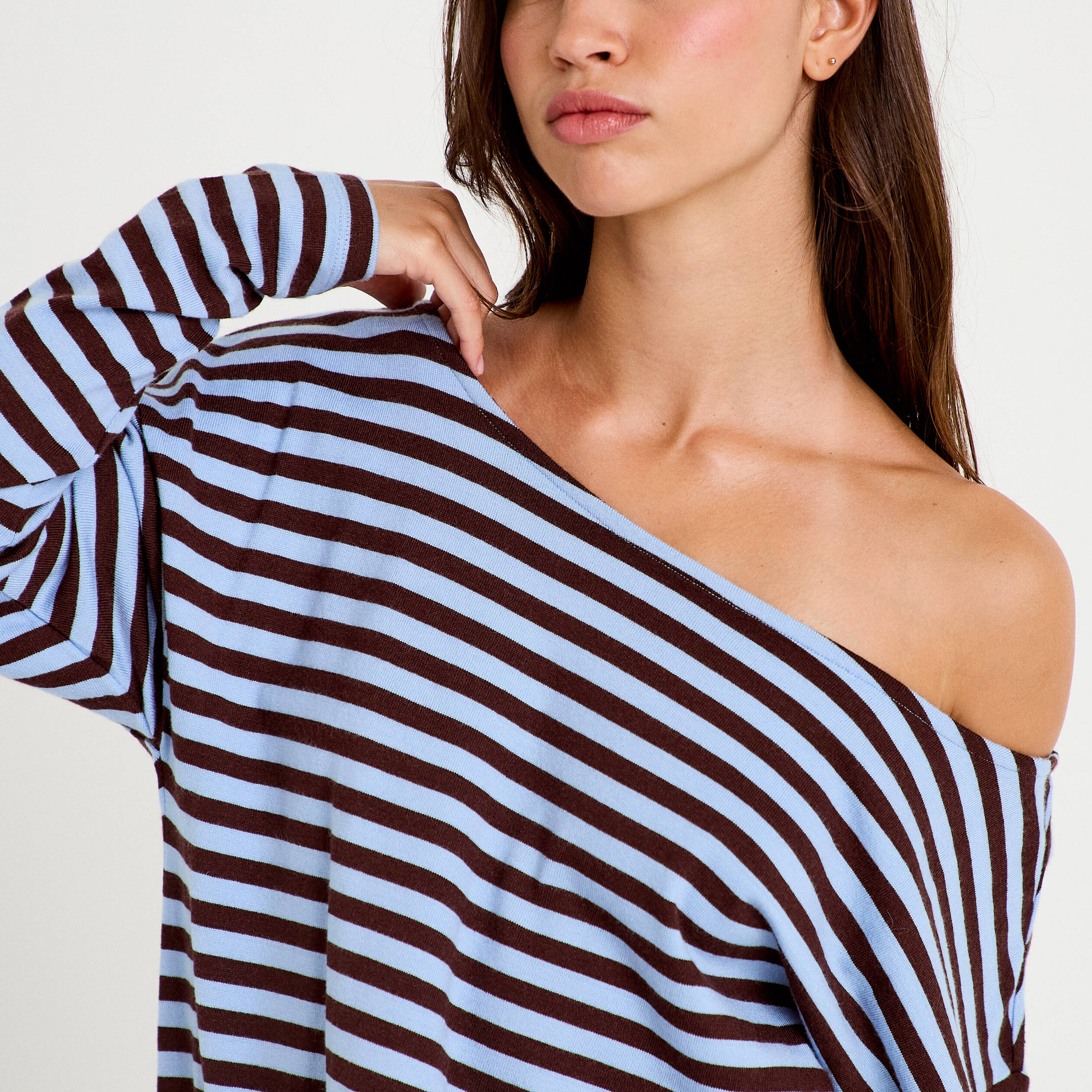 T-shirt col bateau manches longues bleu femme