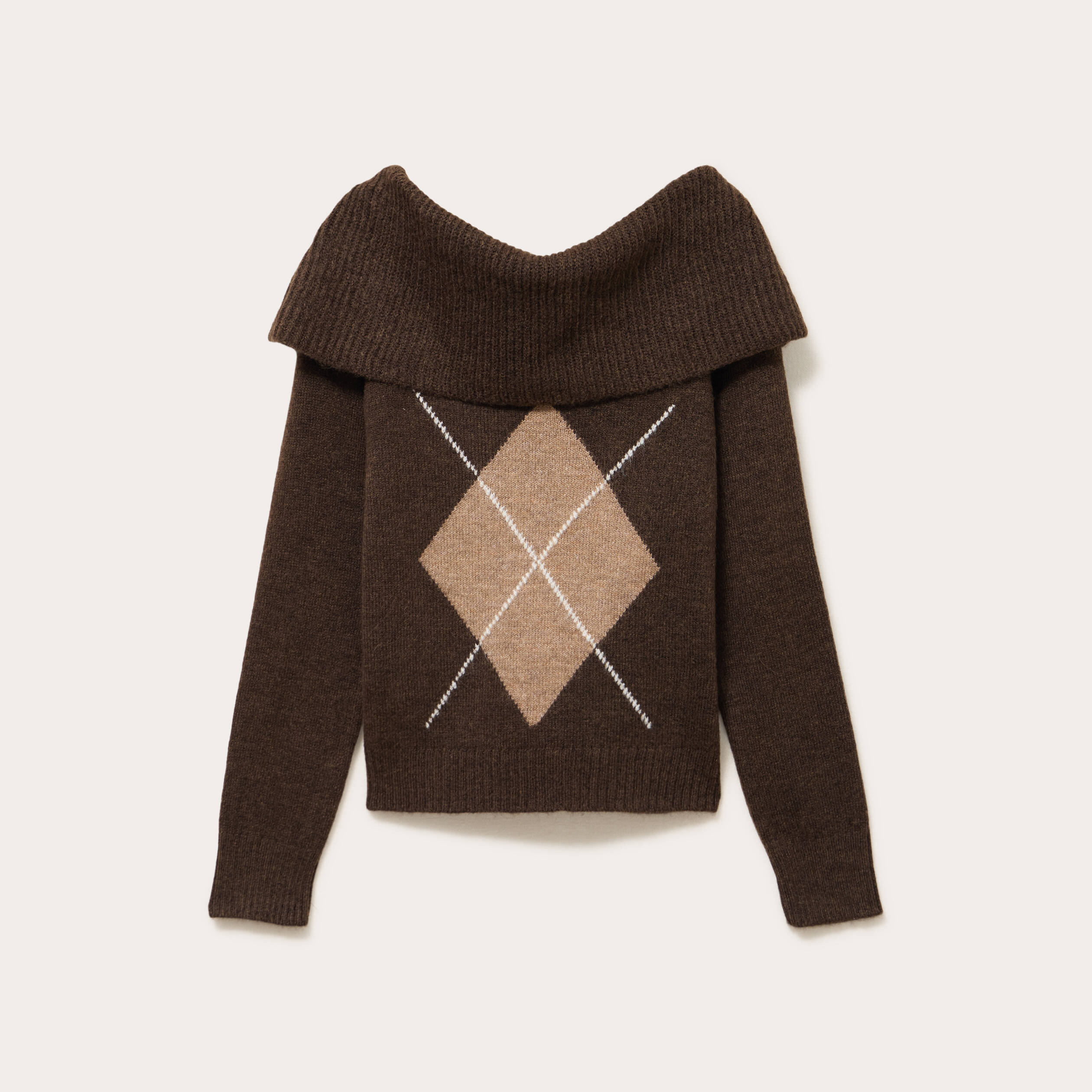 Pull col bardot &agrave; motif manches longues marron femme