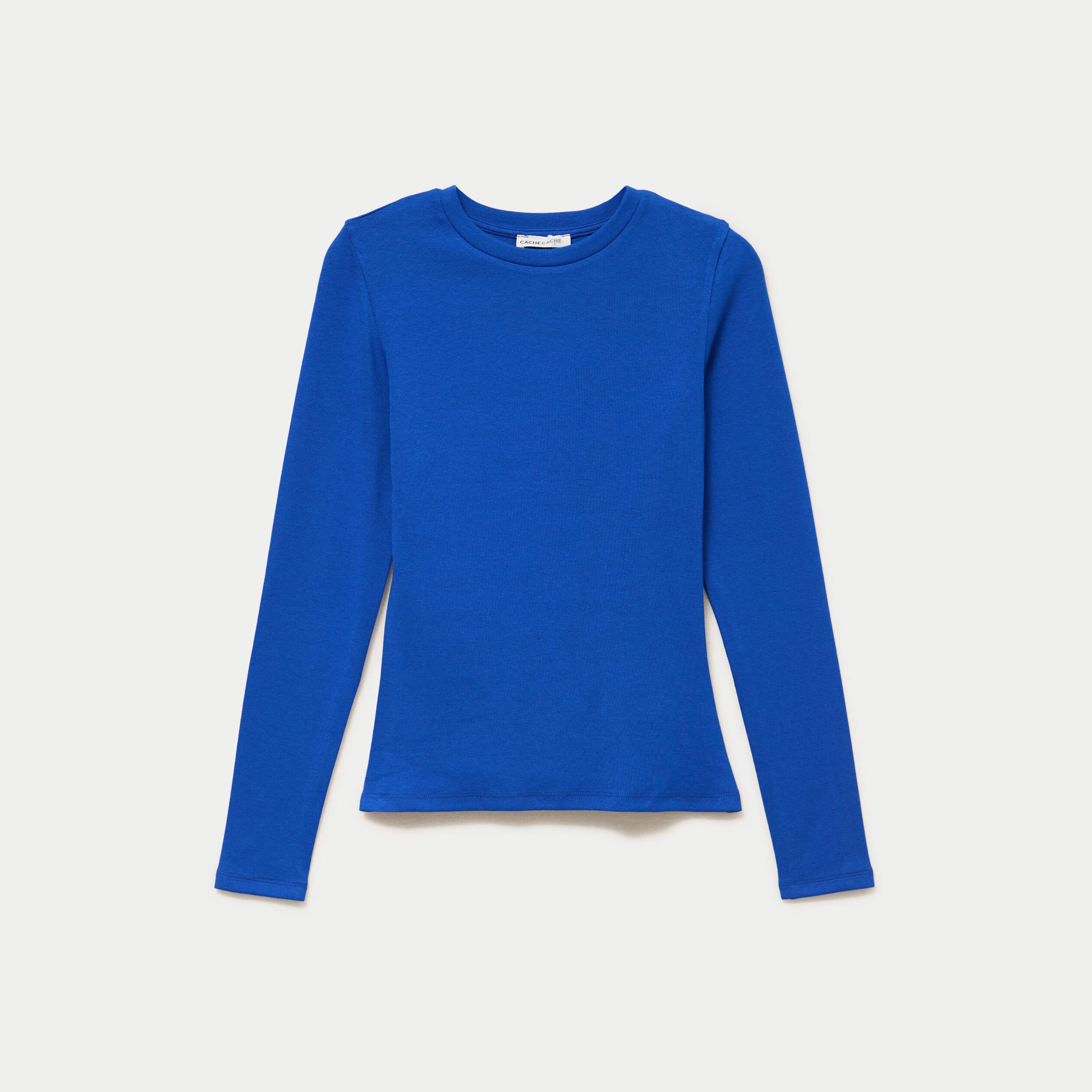 T-shirt cintr&eacute; col rond manches longues bleu electrique femme