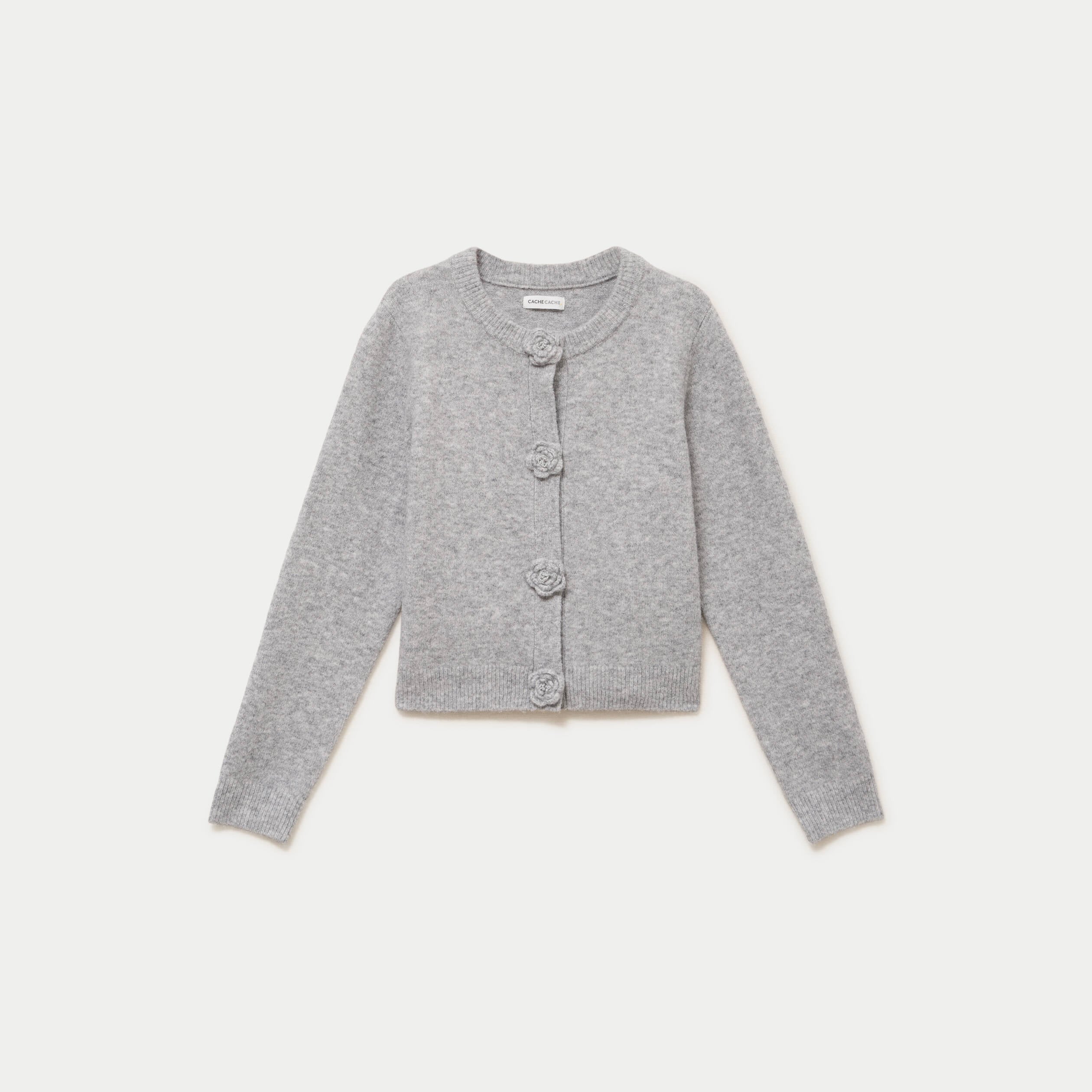 Gilet manches longues col rond gris clair femme