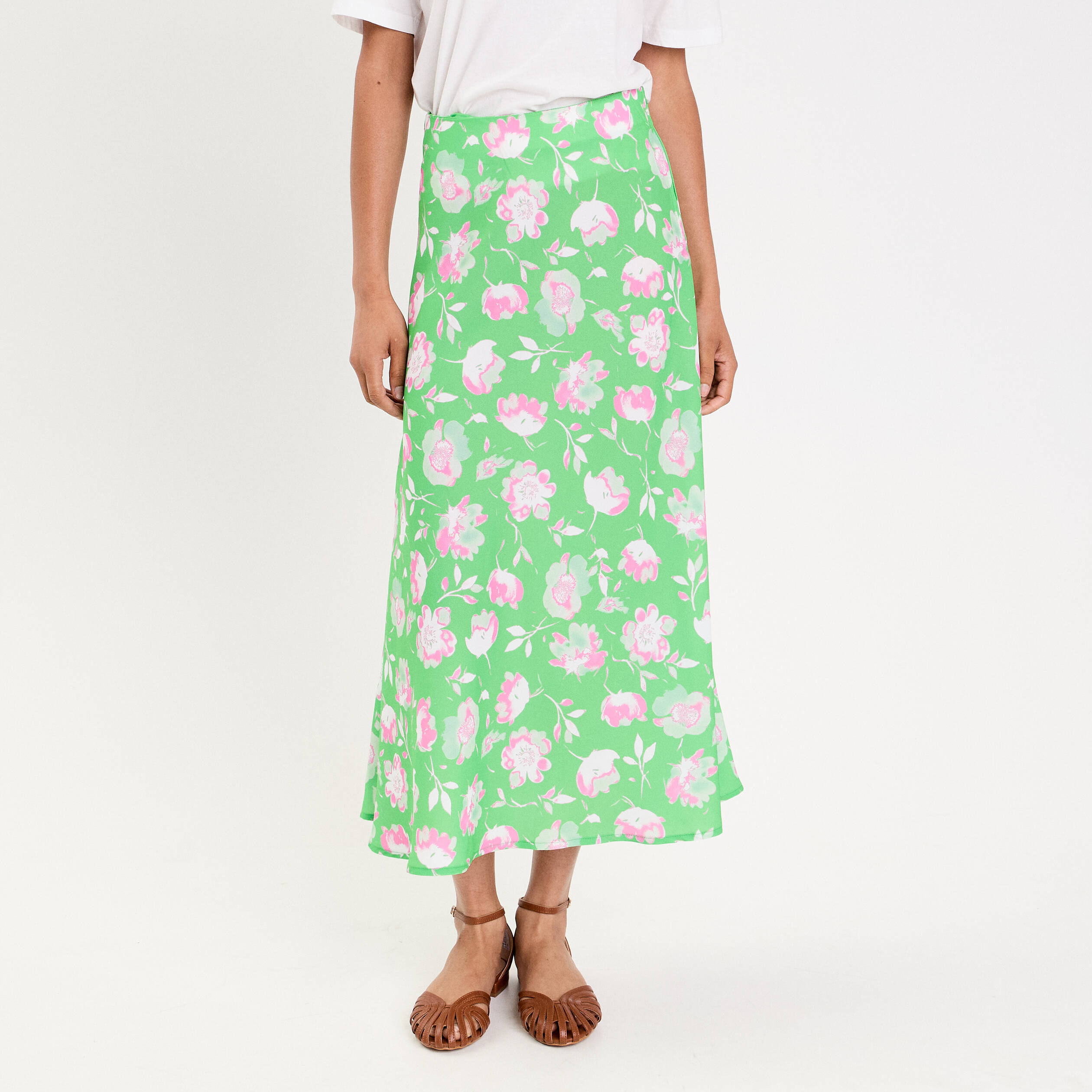 Jupe &eacute;vas&eacute;e longueur midi vert fluo femme