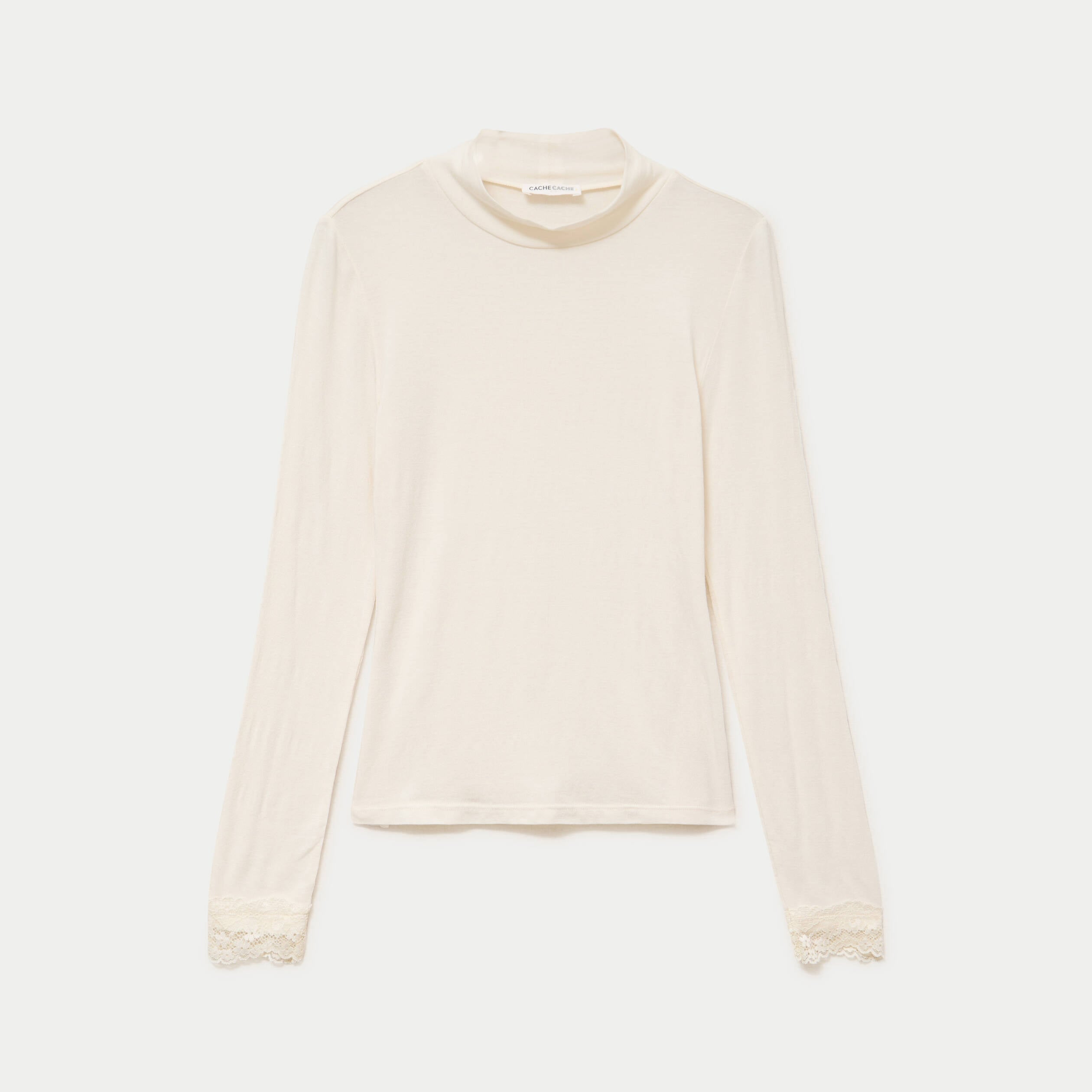T-shirt ajust&eacute; col roul&eacute; dentelle ecru femme