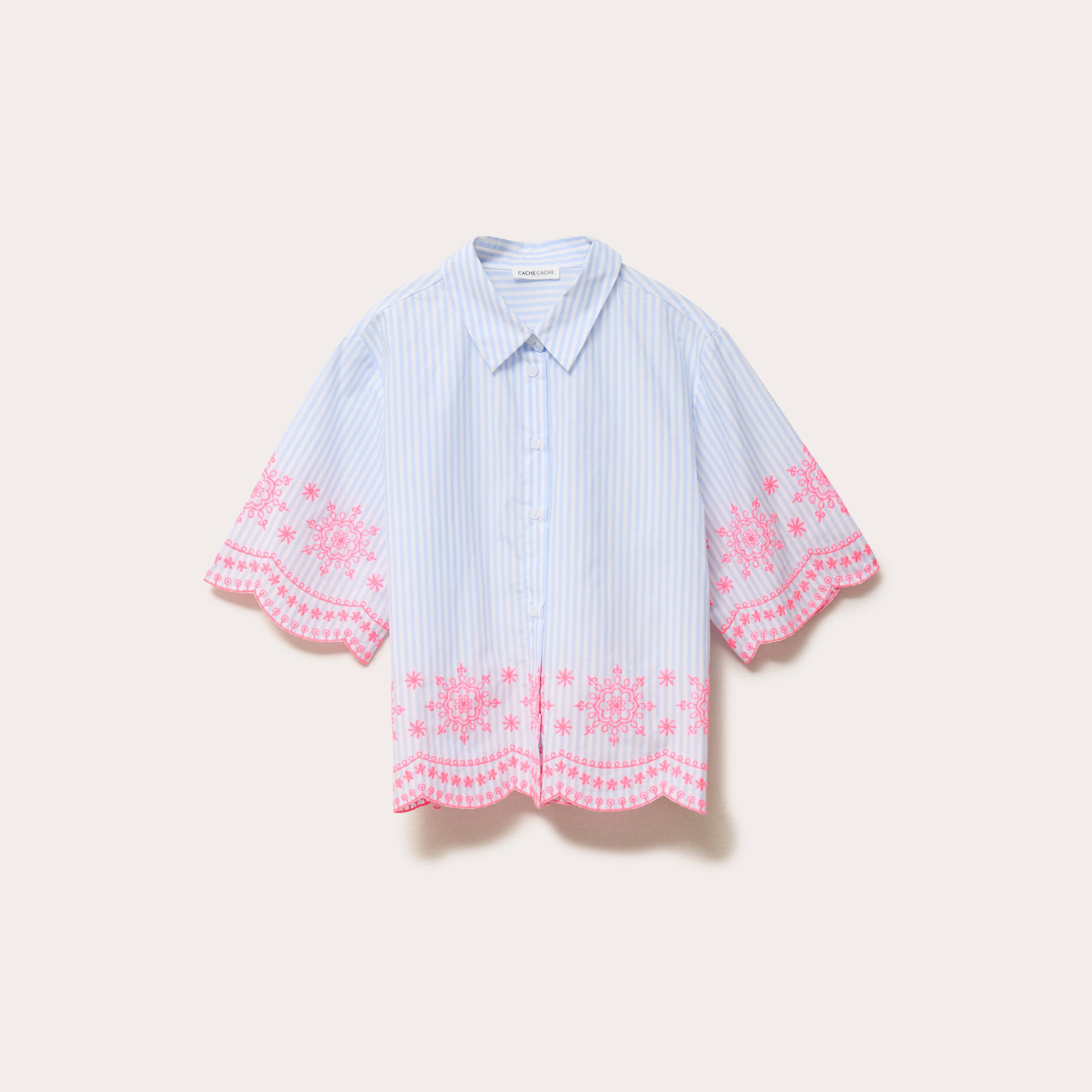 Chemise brod&eacute;e manches courtes bleu ciel femme