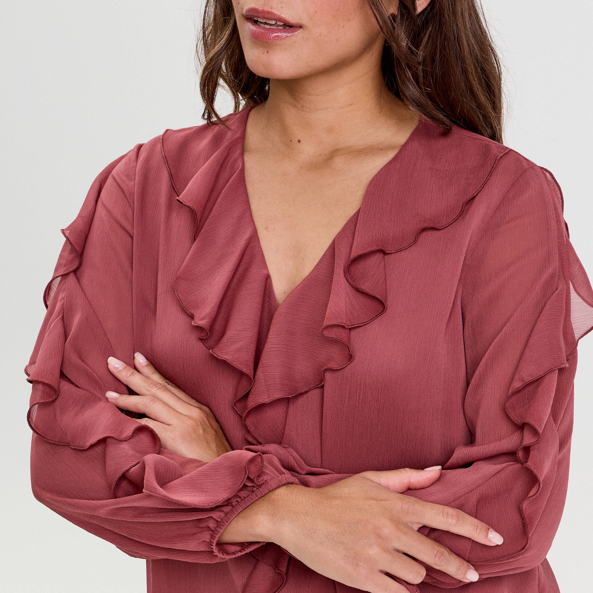 Blouse col V manches longues vieux rose femme
