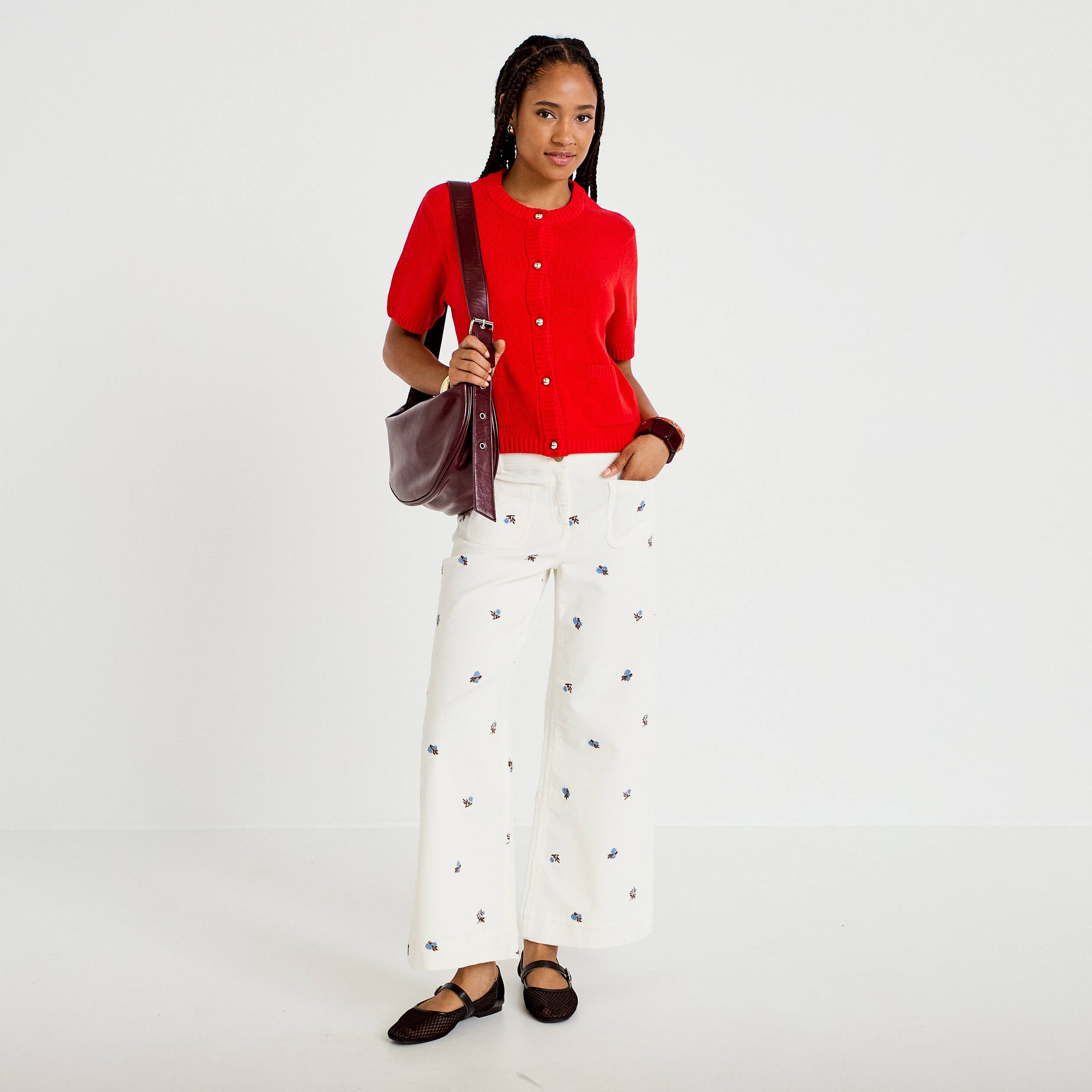 Pantalon bootcut taille haute velours blanc femme