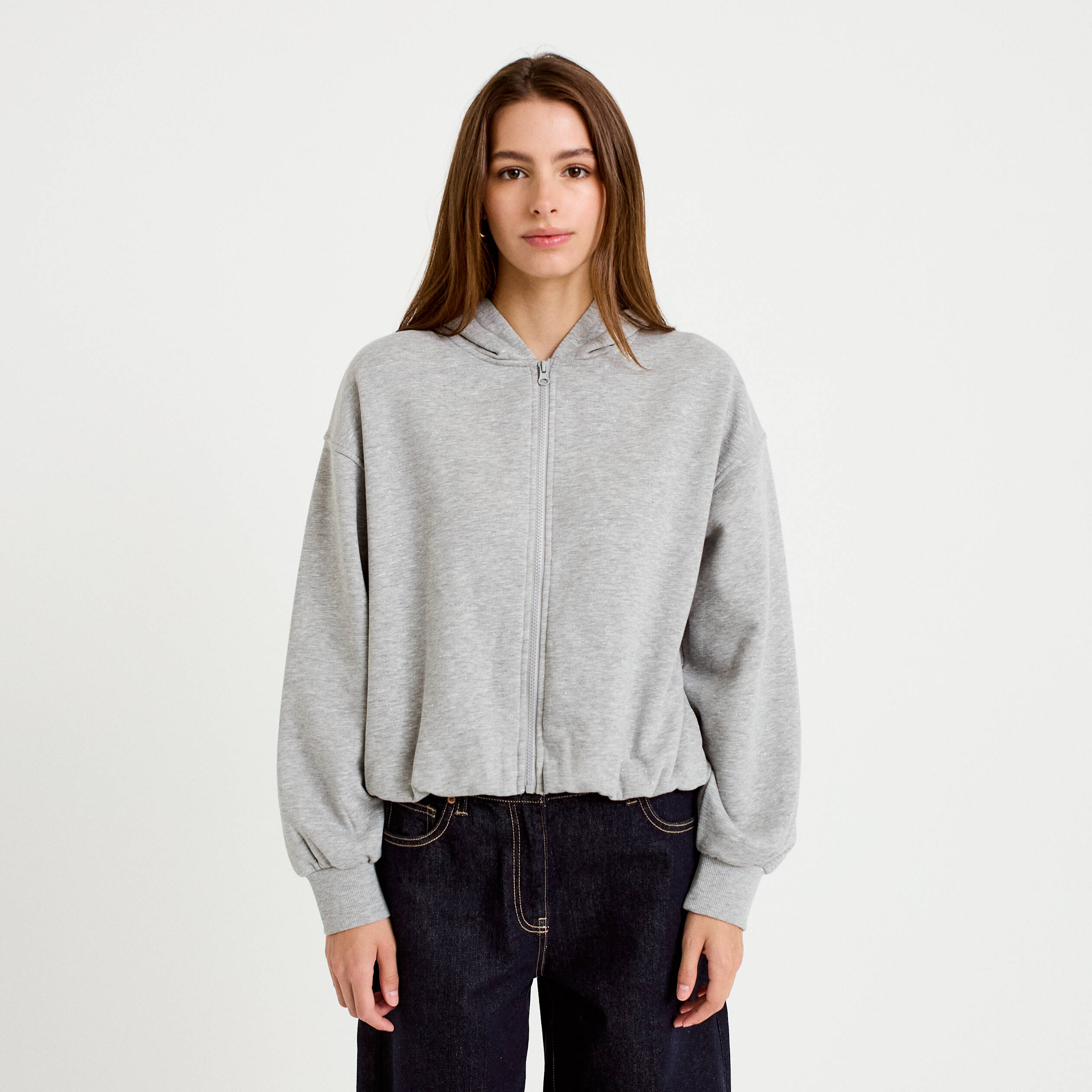 Sweat &agrave; capuche bas resserr&eacute; gris fonc&eacute; femme