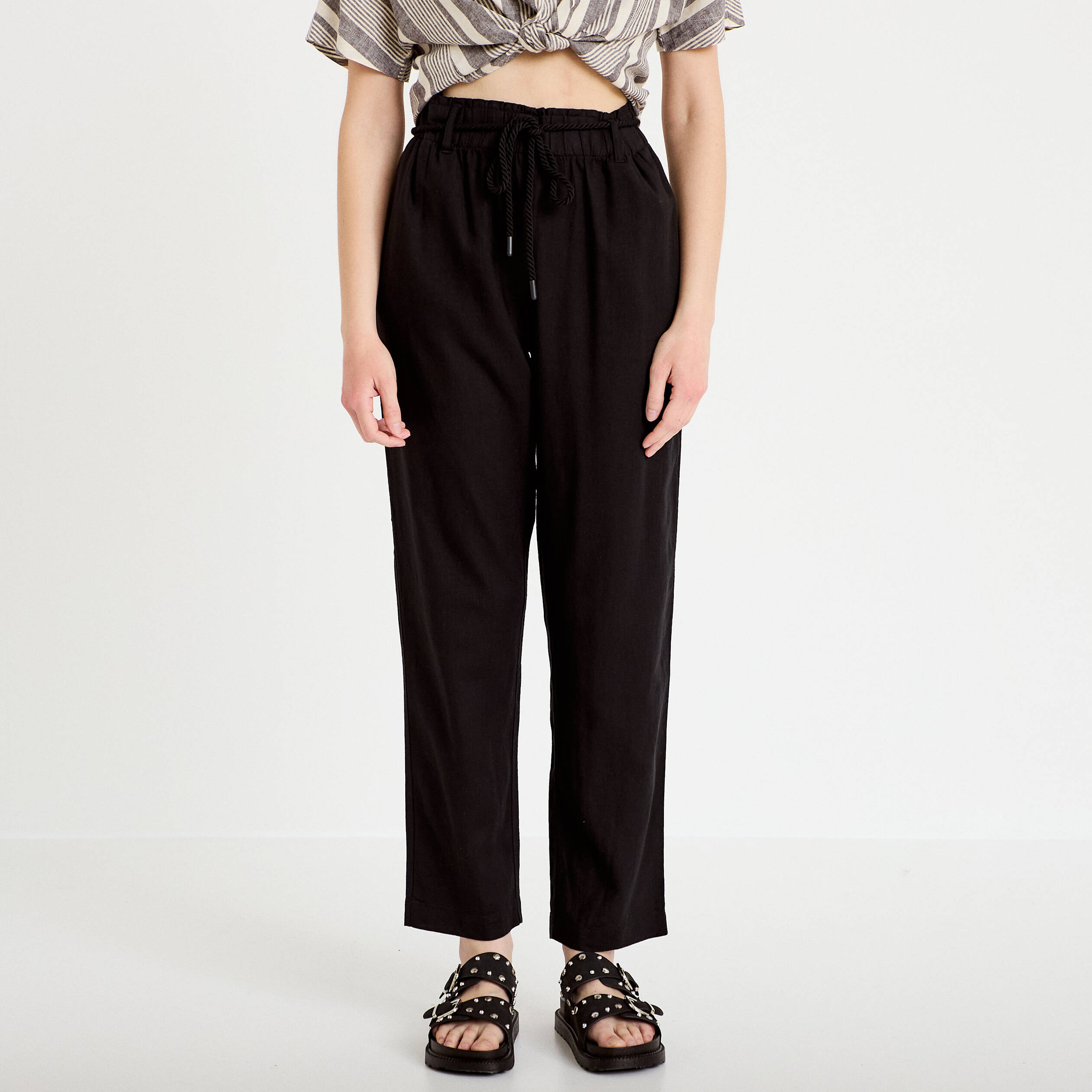 Pantalon large 7/8&egrave;me taille haute noir femme