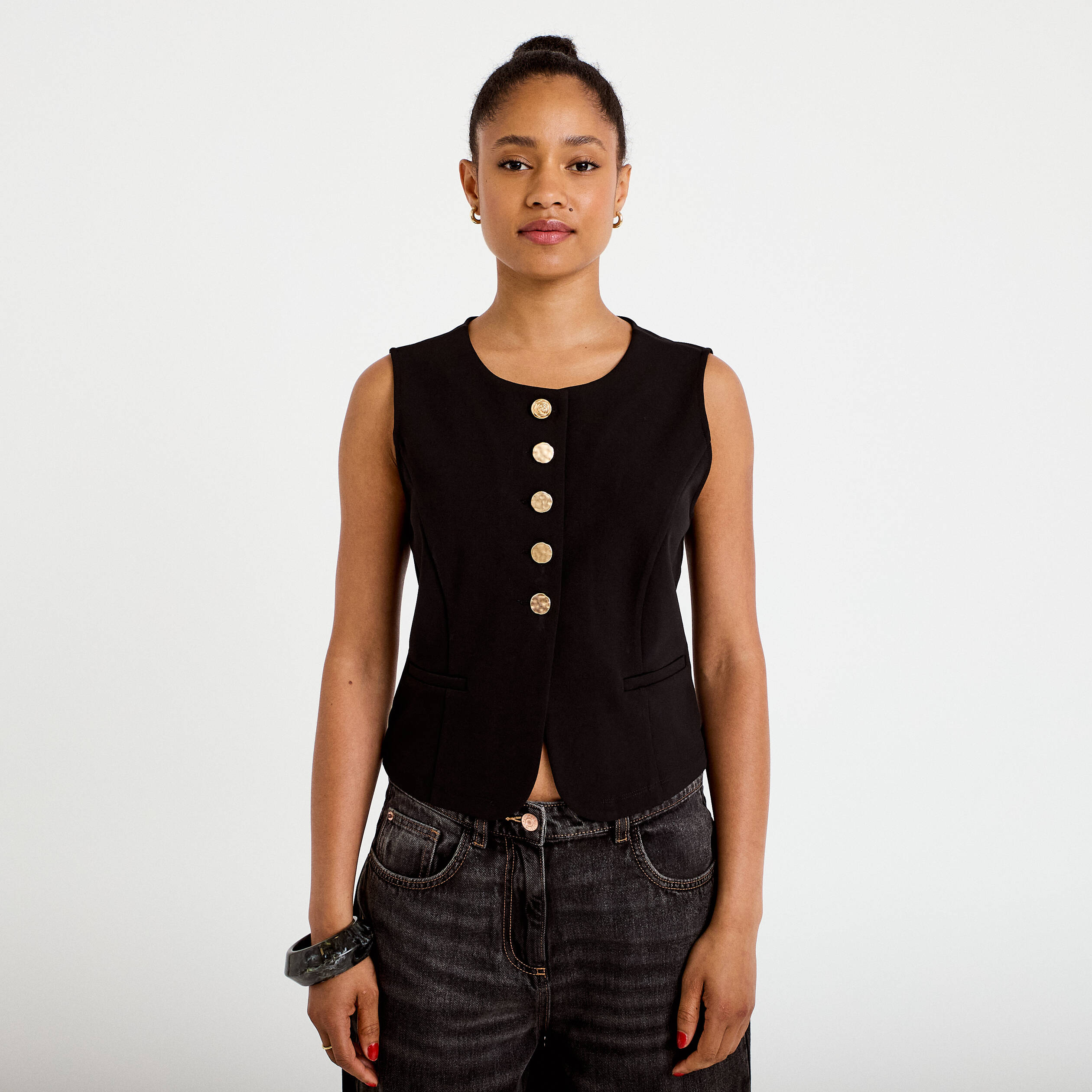 Gilet sans manches col rond noir femme