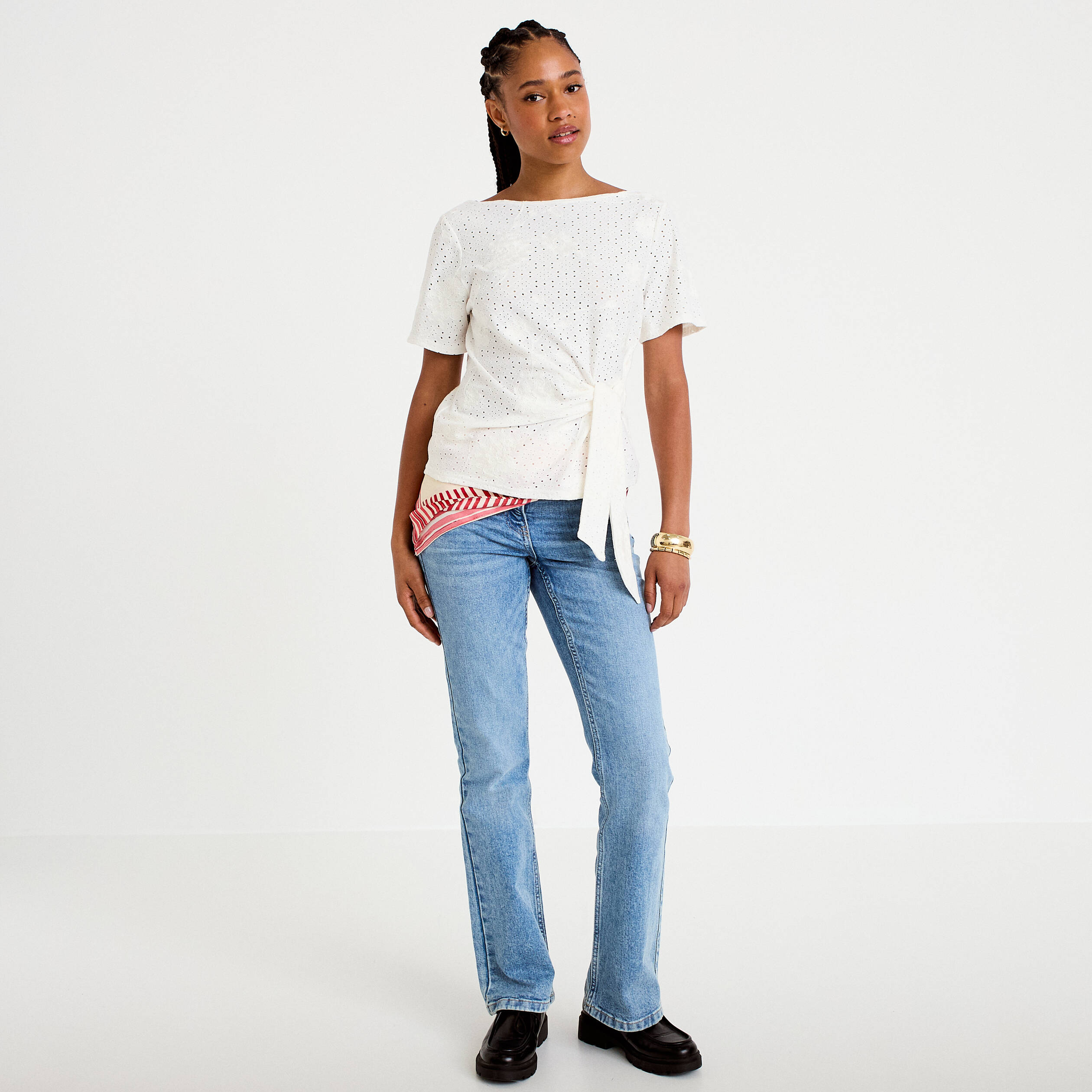 Blouse col v manches courtes ecru femme