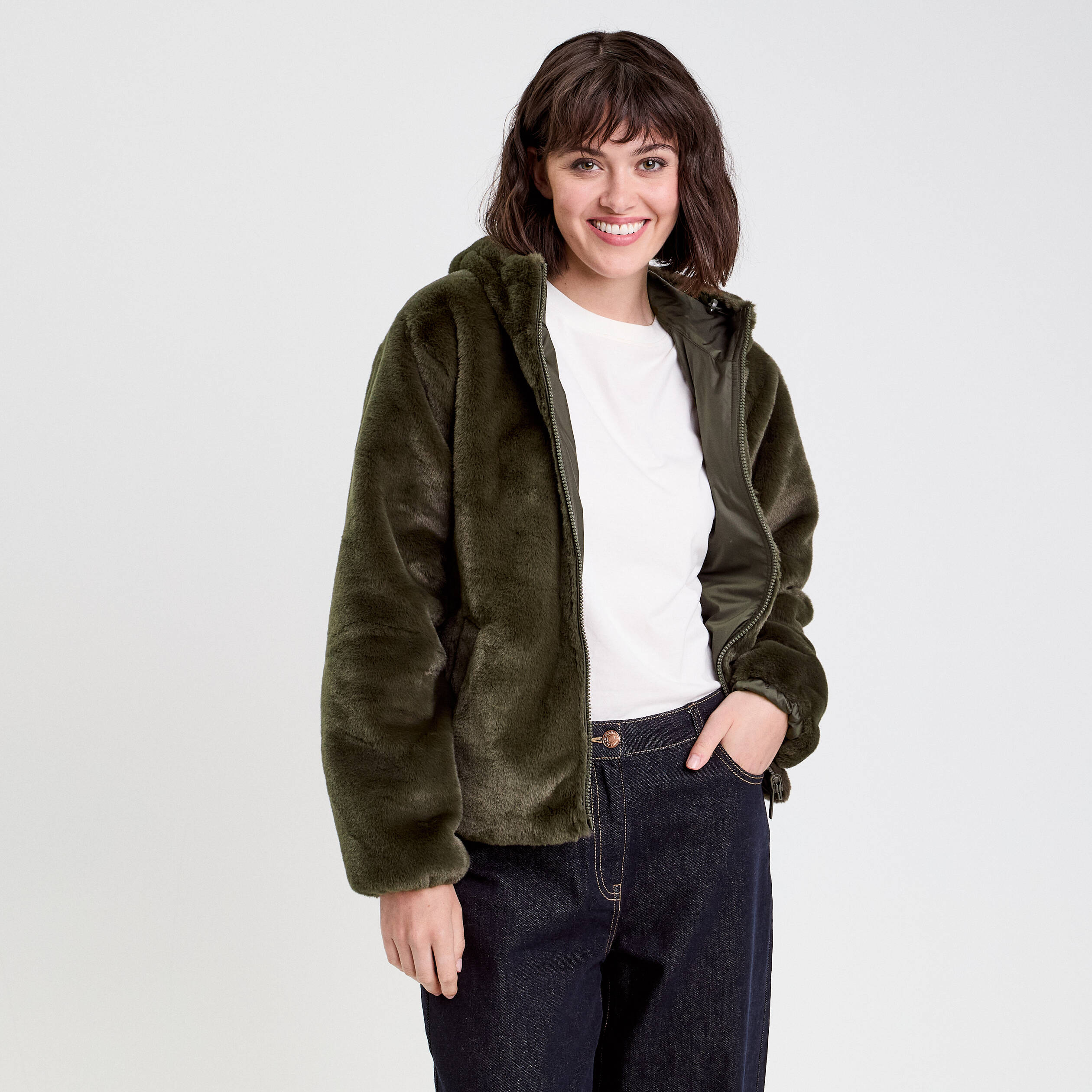 Parka r&eacute;versible &agrave; capuche vert kaki femme