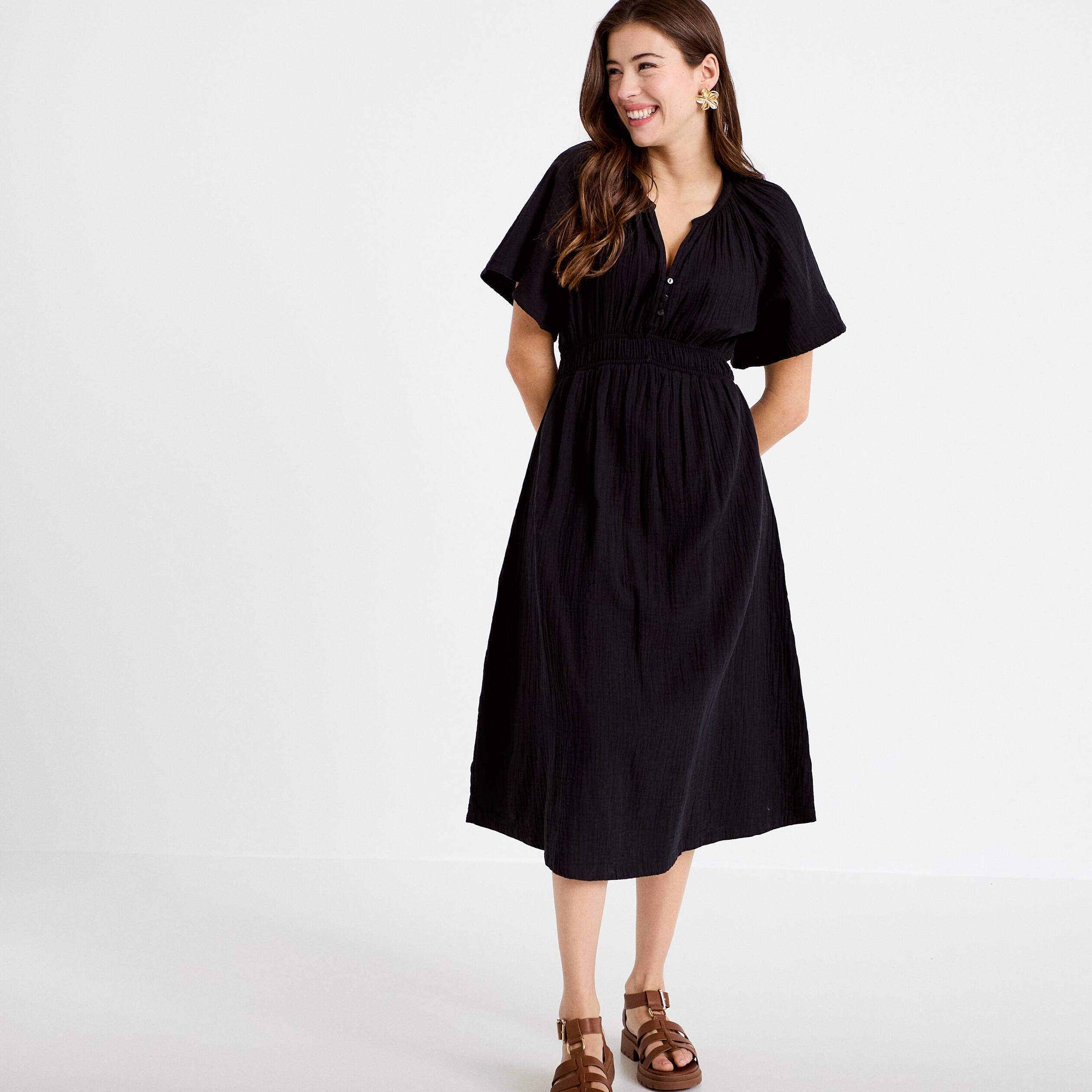 Robe midi pliss&eacute;e col v manches courtes noir femme