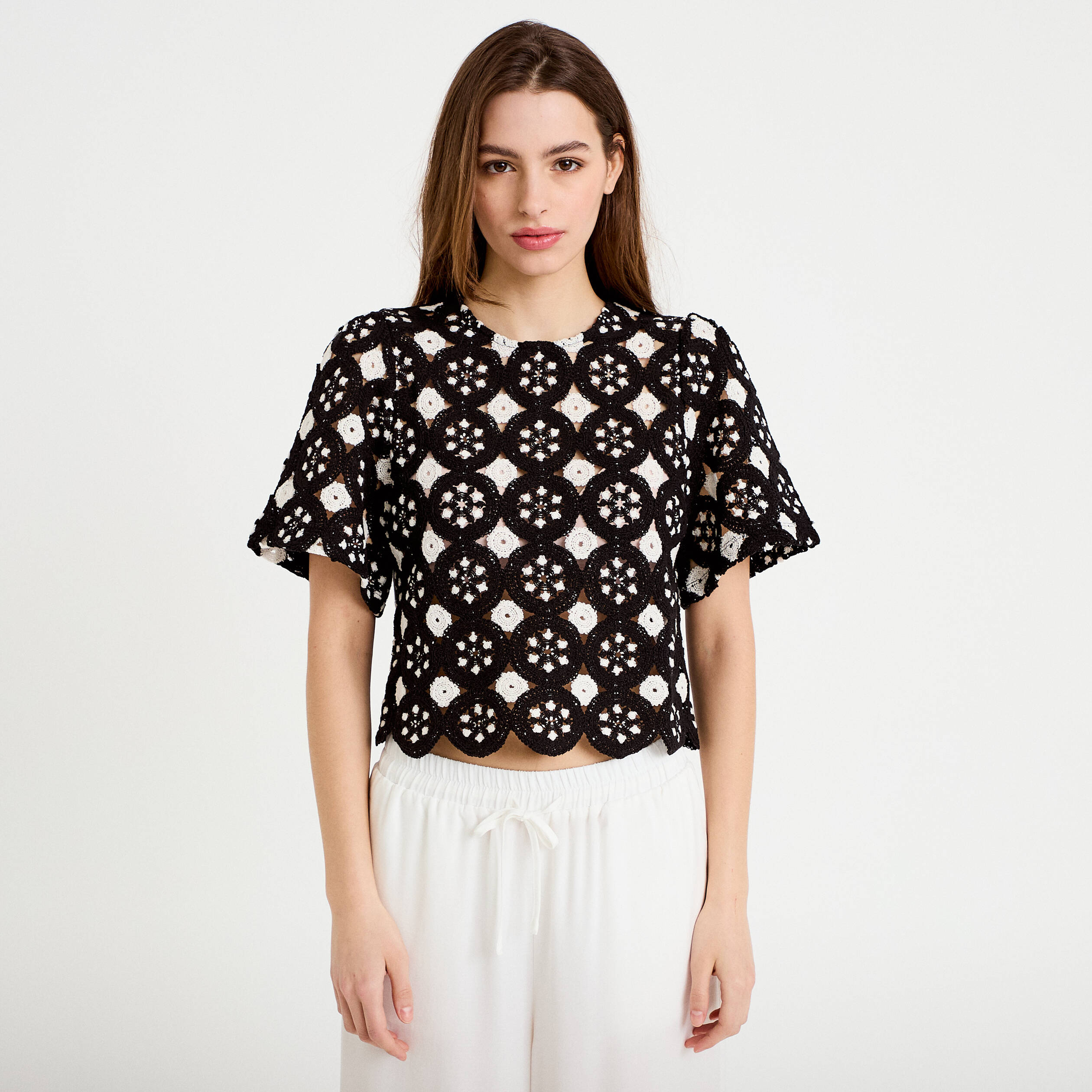 T-shirt manches courtes aspect dentelle ecru femme