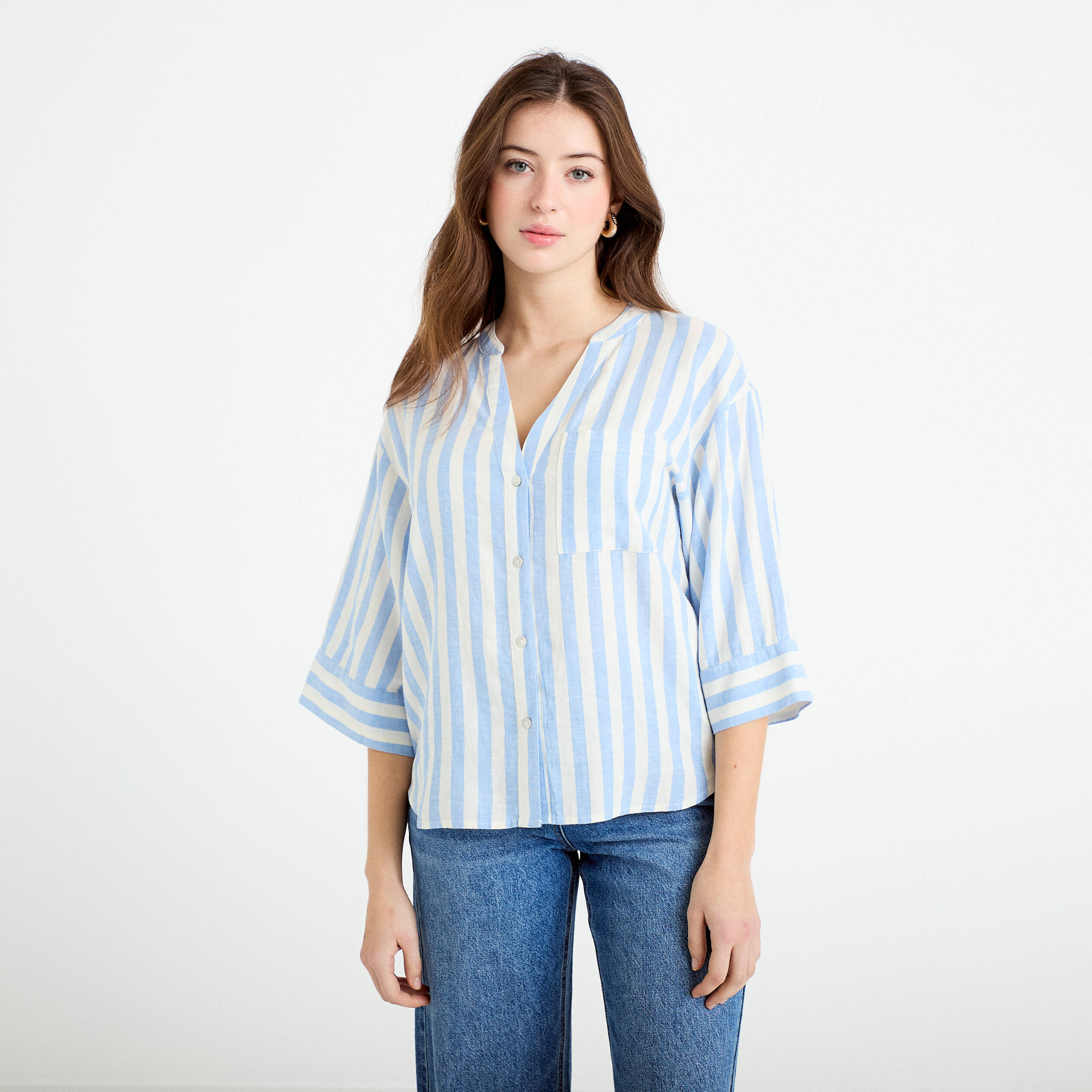 Blouse col V manches 3/4 bleu pastel femme
