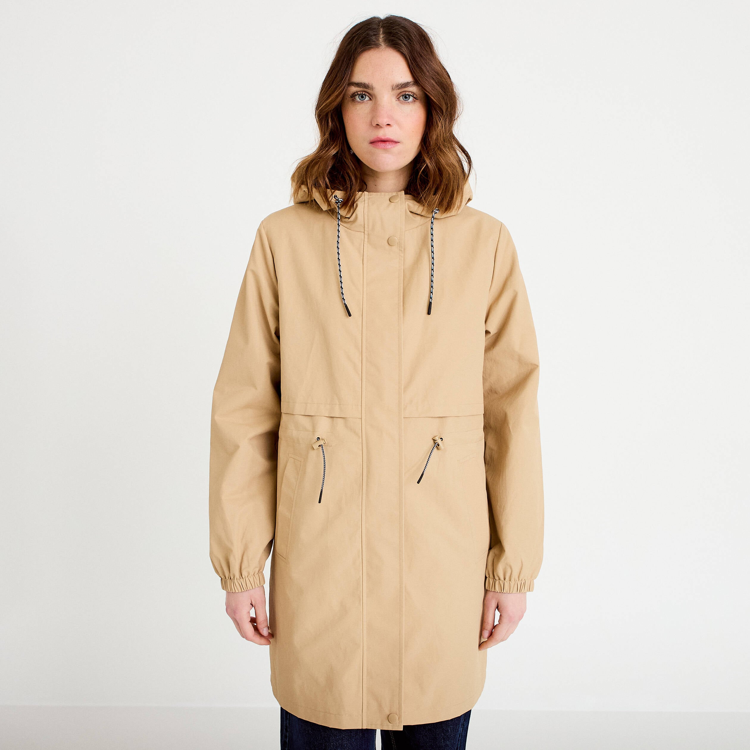 Parka &agrave; capuche taille ajustable beige femme