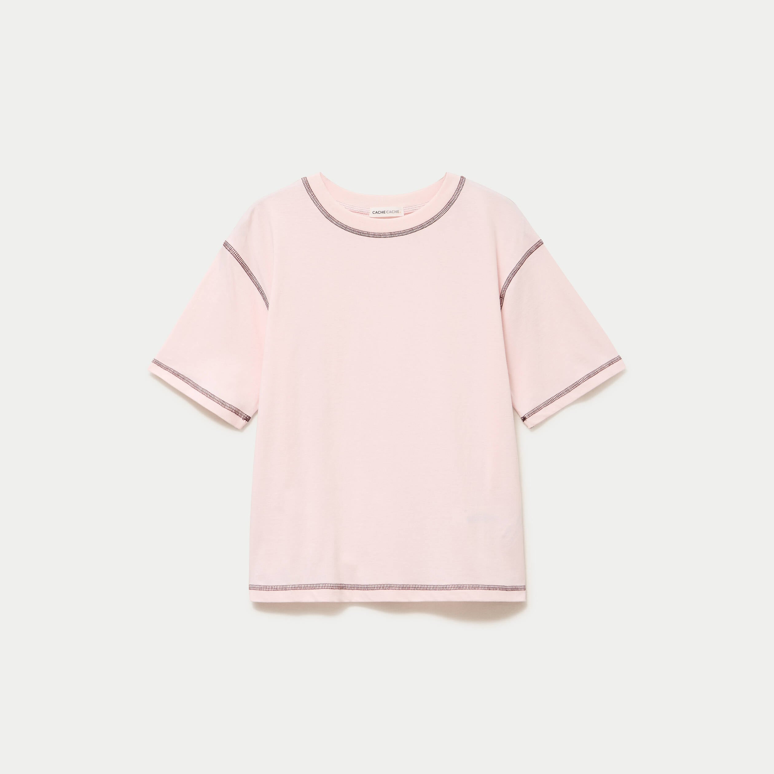 Top col rond manches courtes rose clair femme