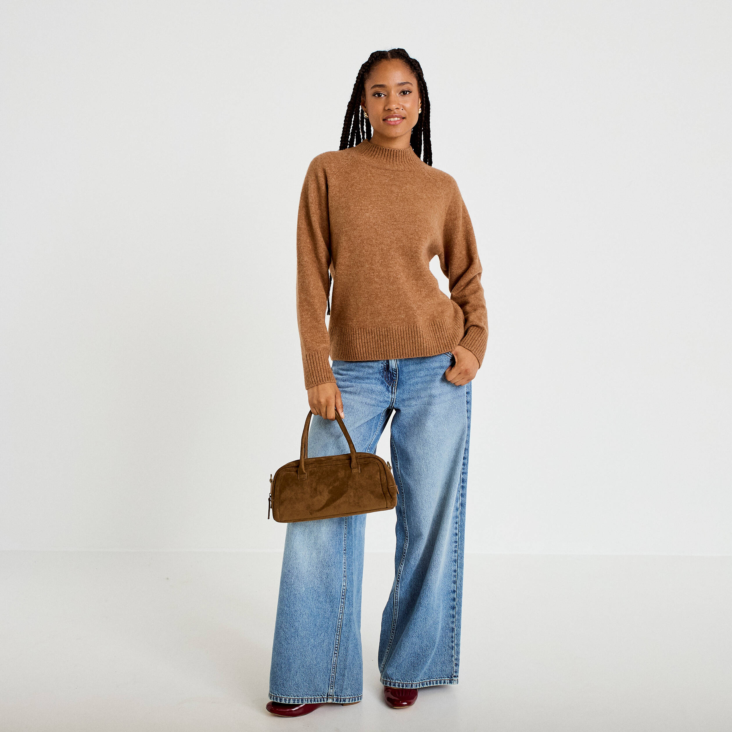 Pull col montant manches longues camel femme