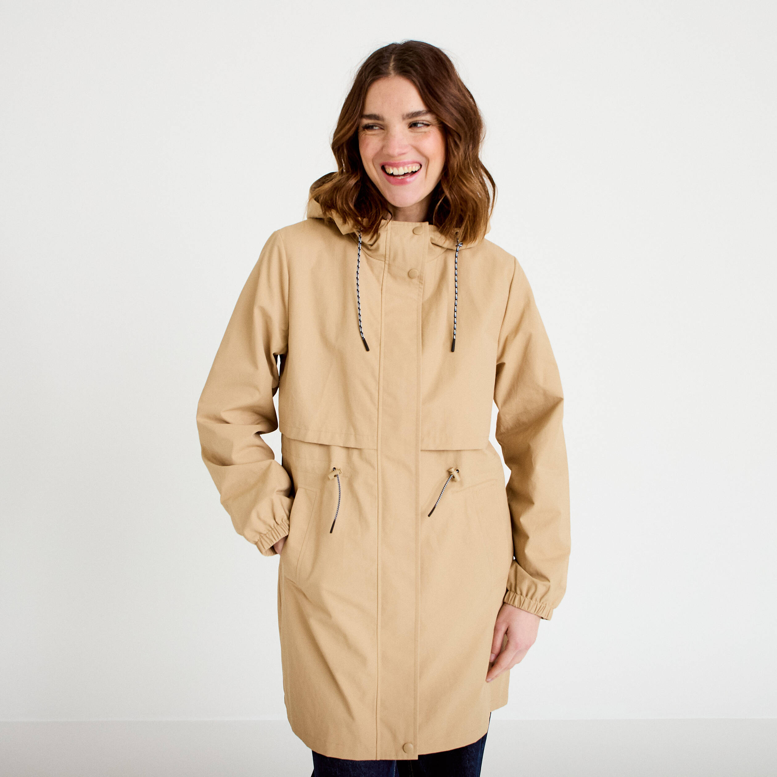 Parka &agrave; capuche taille ajustable beige femme