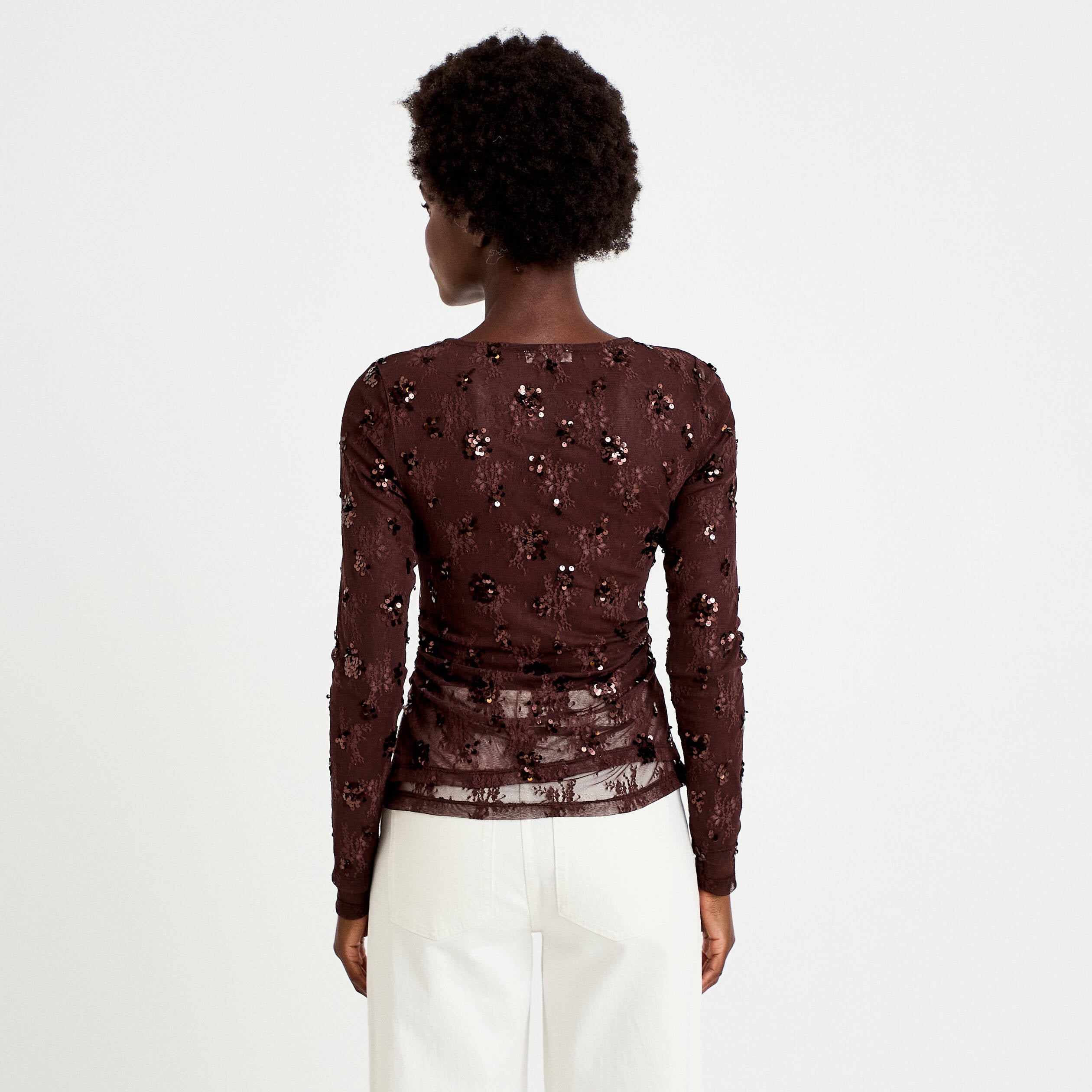 T-shirt ajust&eacute; col rond brod&eacute; perles marron fonc&eacute; femme