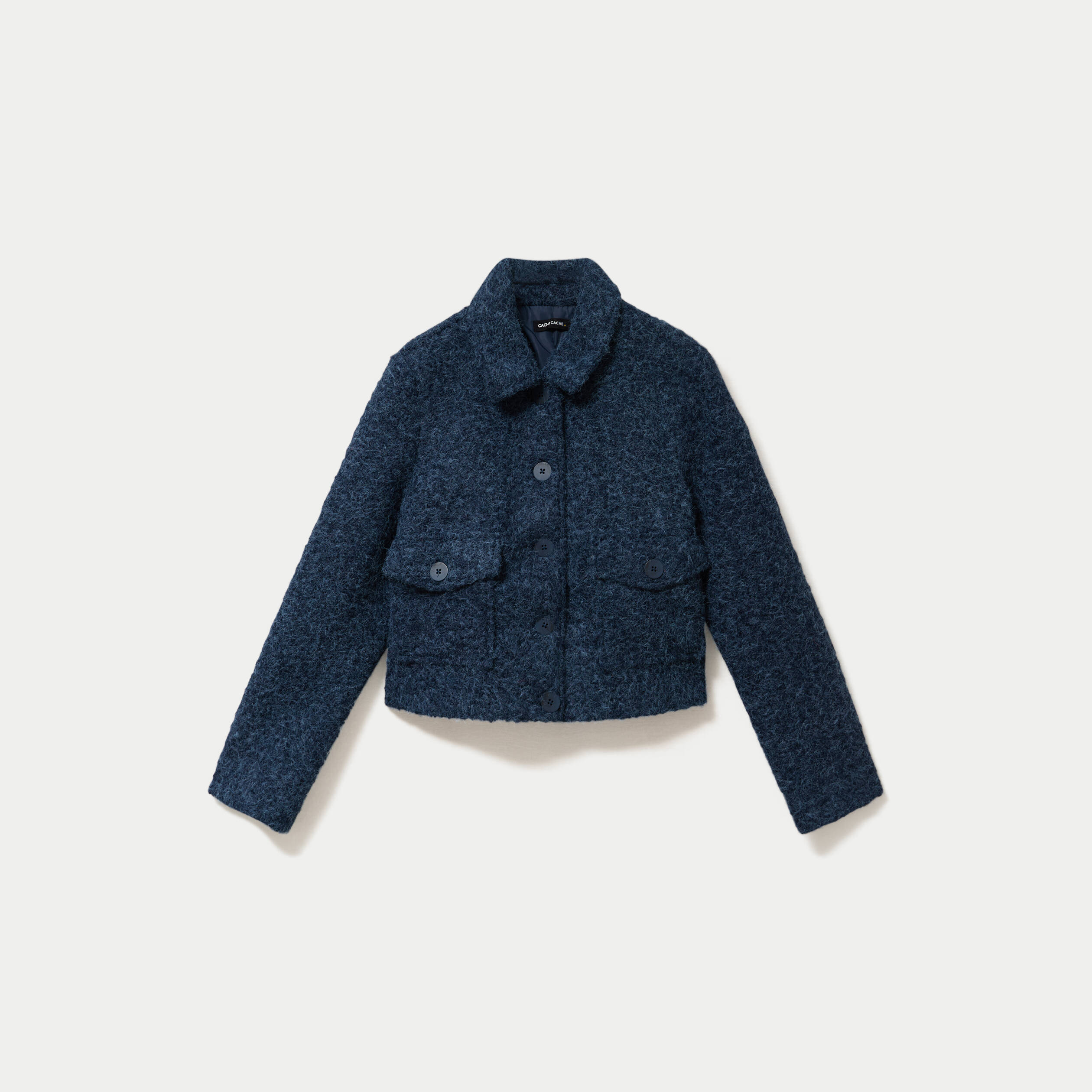 Veste droite courte en bouclette bleu marine femme