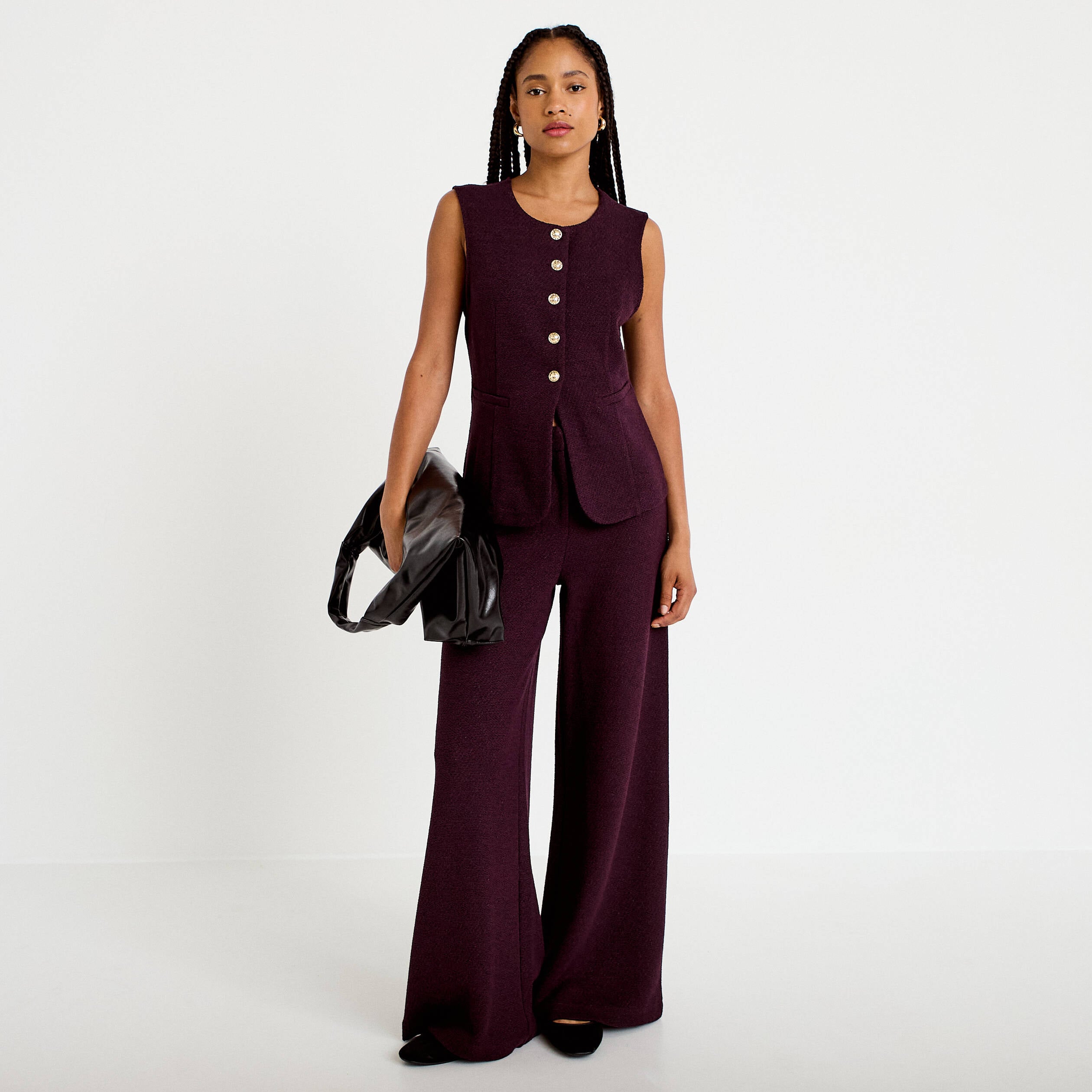 Pantalon bootcut en tweed violet fonc&eacute; femme