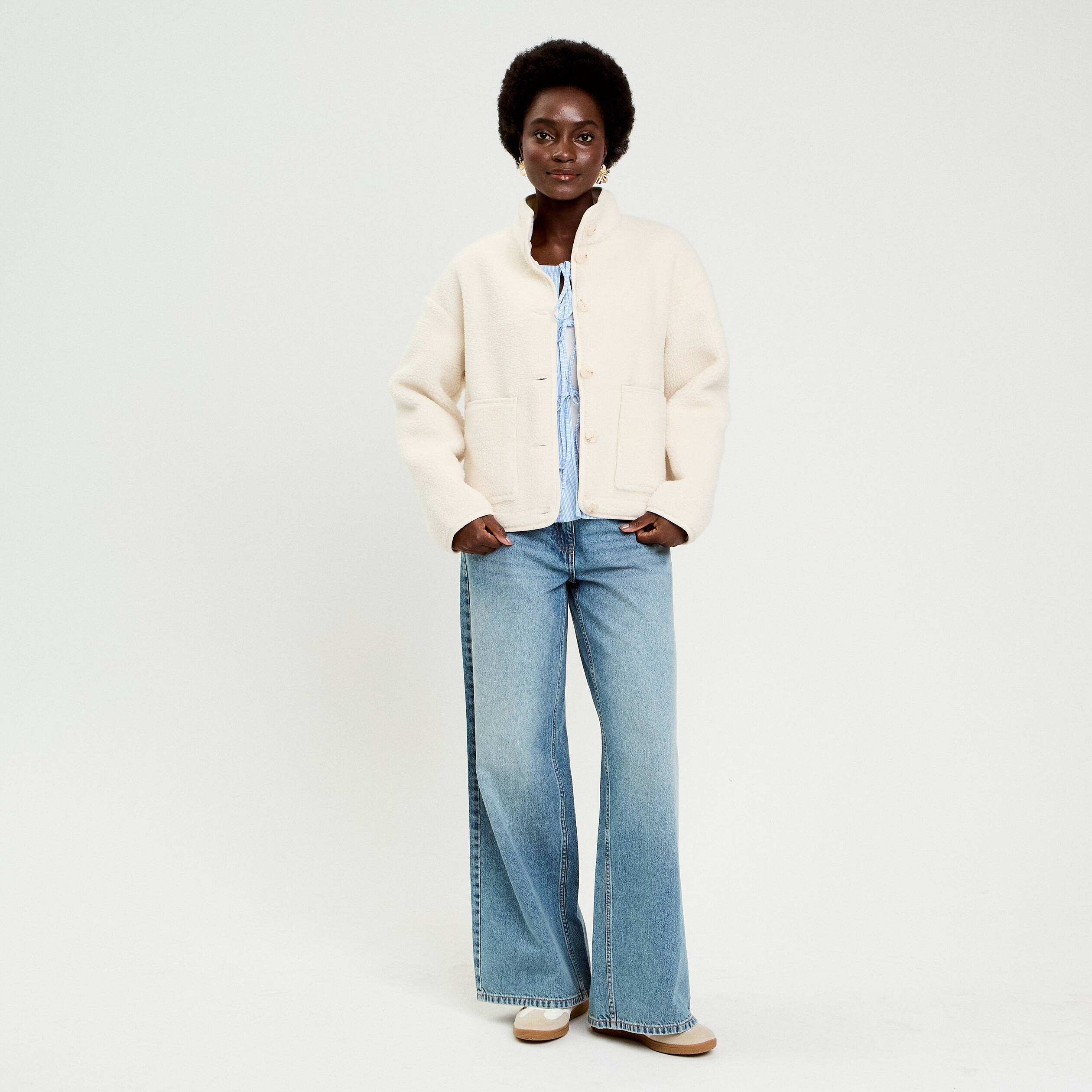 Veste droite courte effet polaire ecru femme