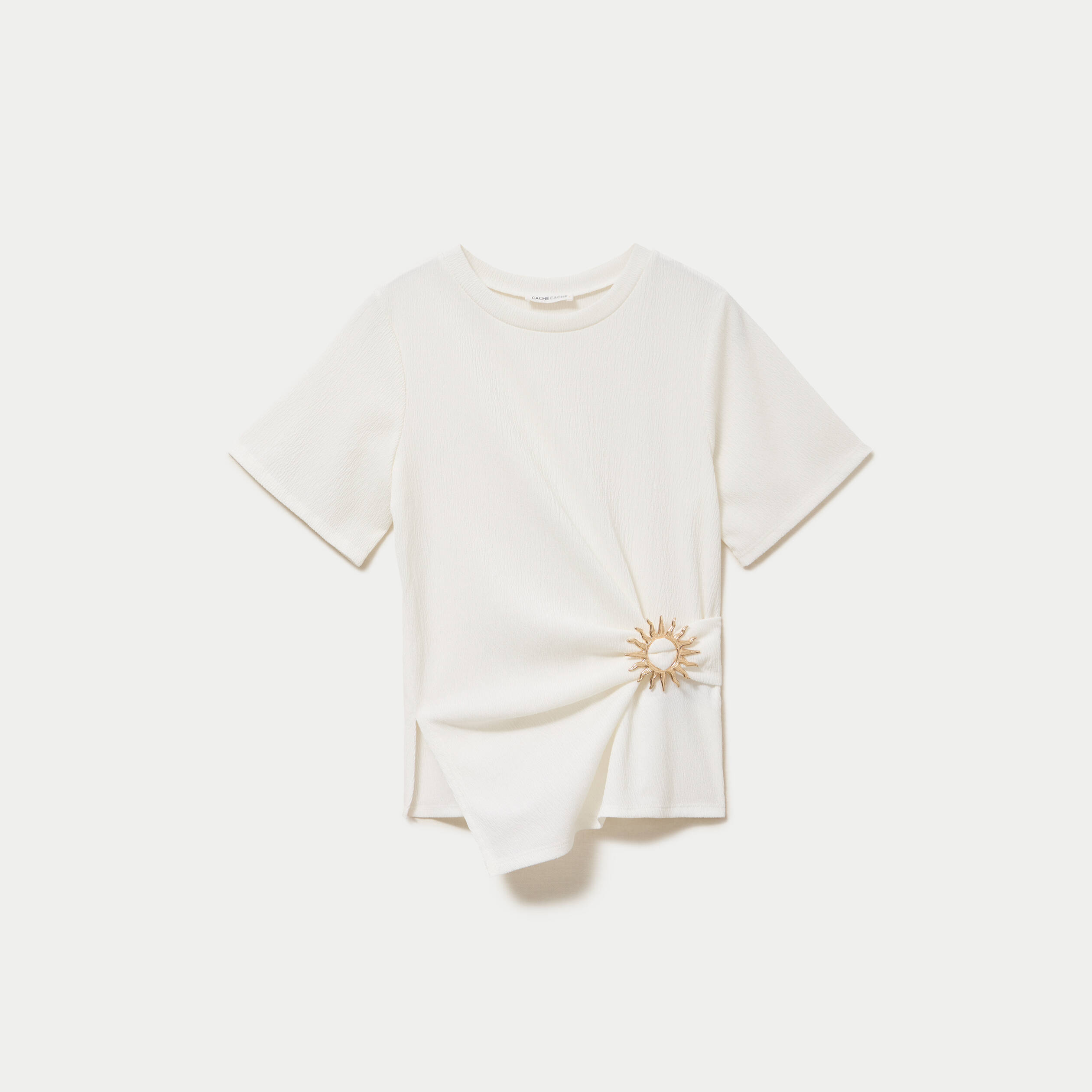 T-shirt cintr&eacute; col rond manches courtes ecru femme
