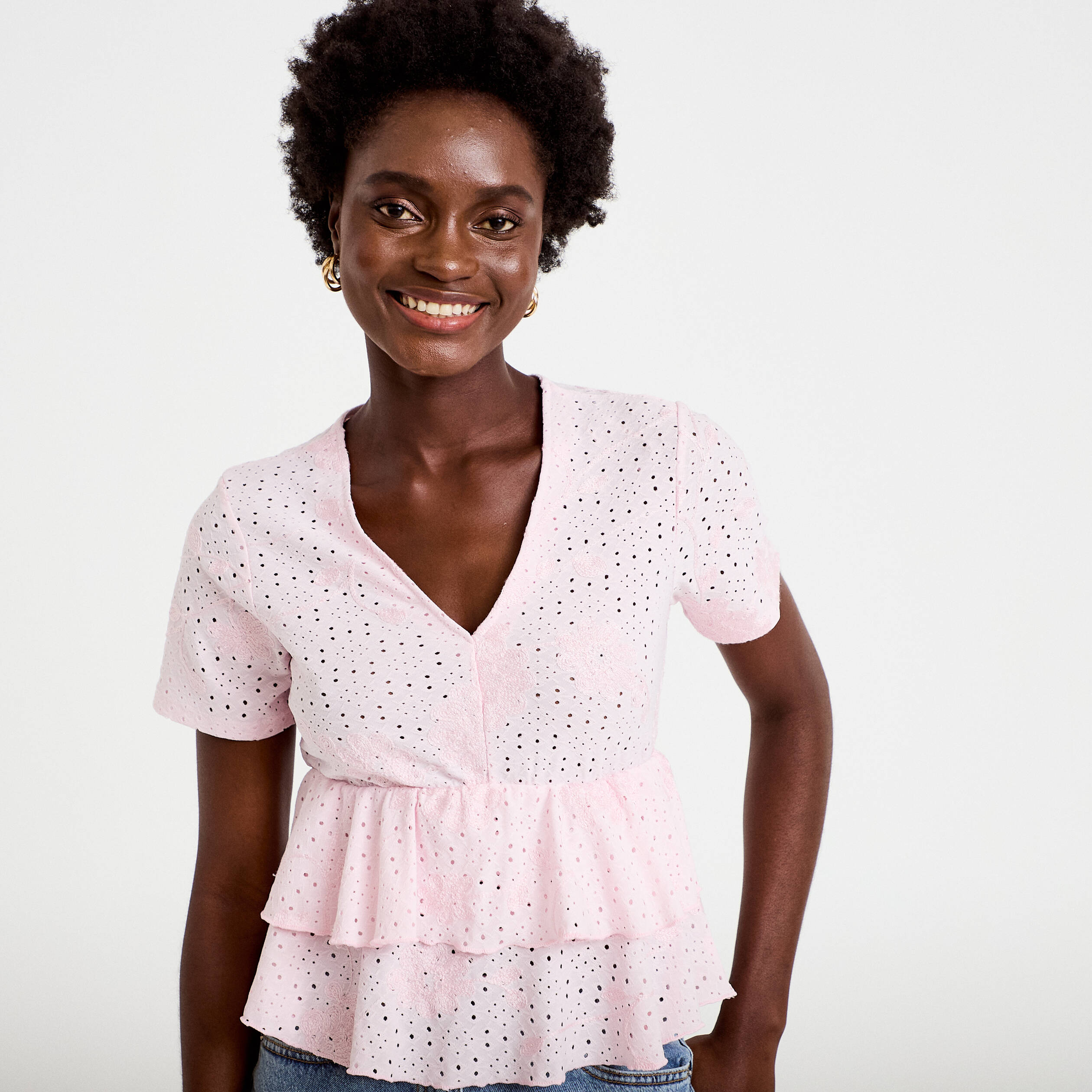 Blouse d&eacute;collet&eacute; manches courtes rose clair femme