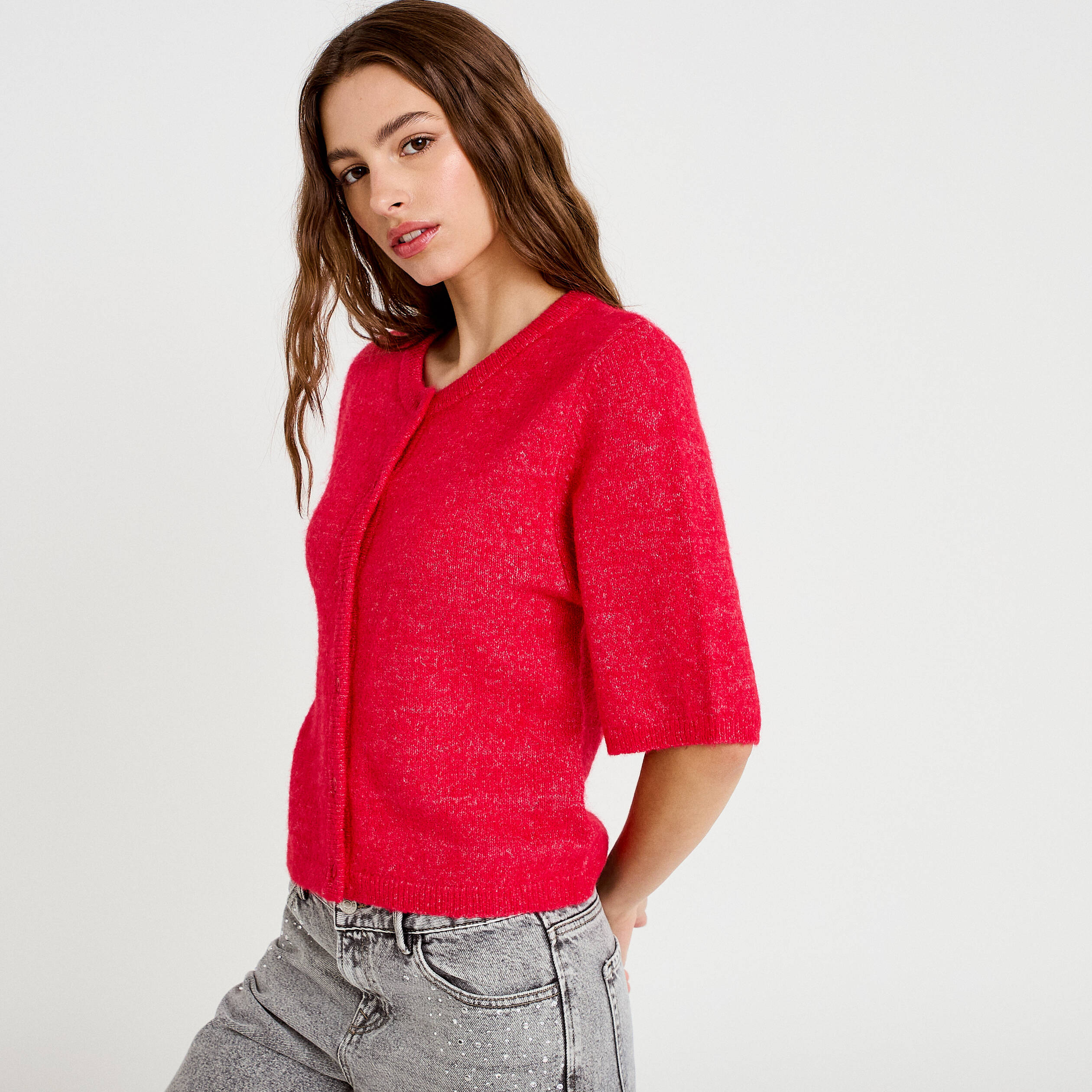 Gilet duveteux manches 3/4 rouge femme