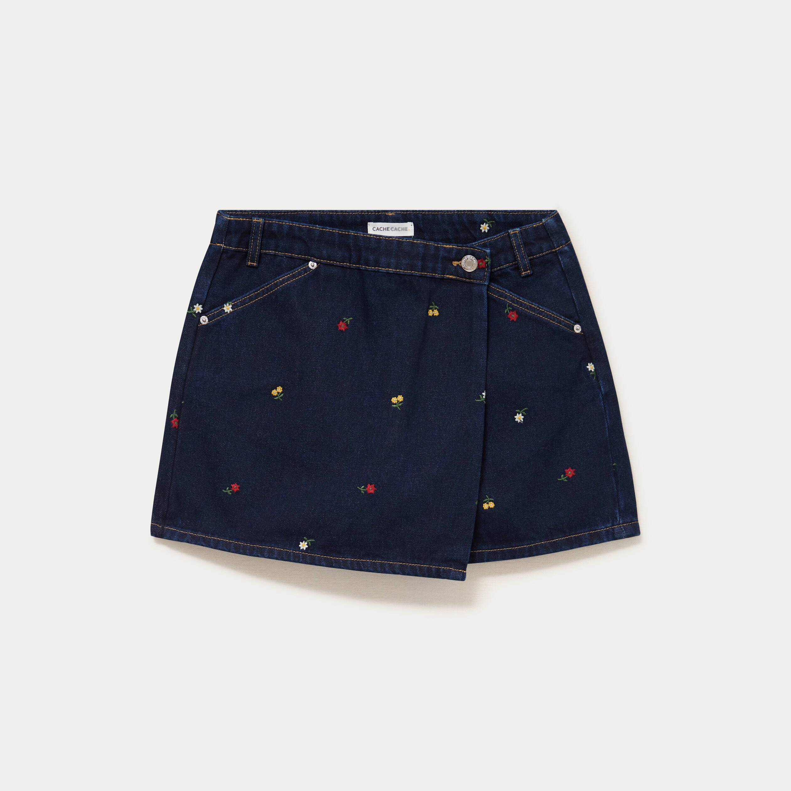 Jupe-short trap&egrave;ze en jean bleu marine femme