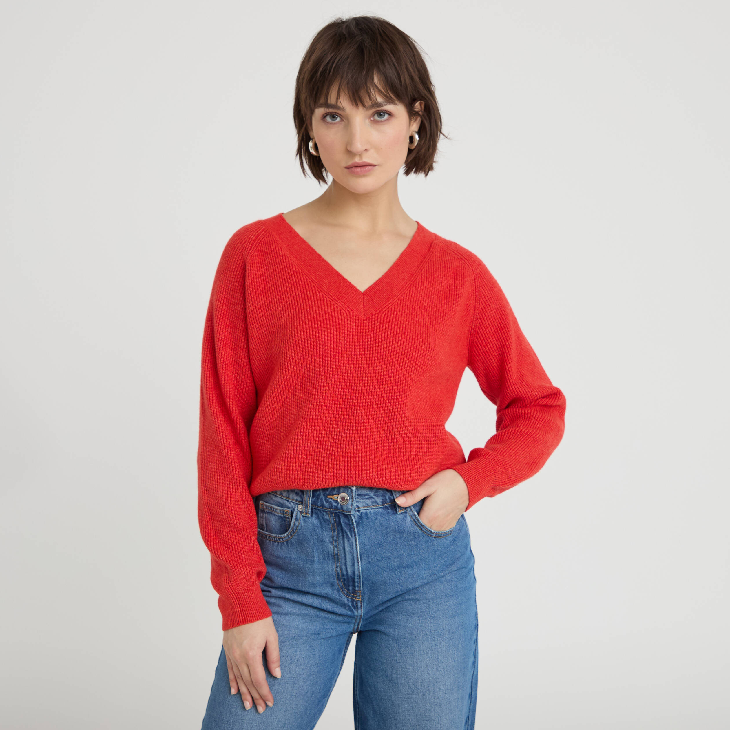 Pull fin col v rouge femme