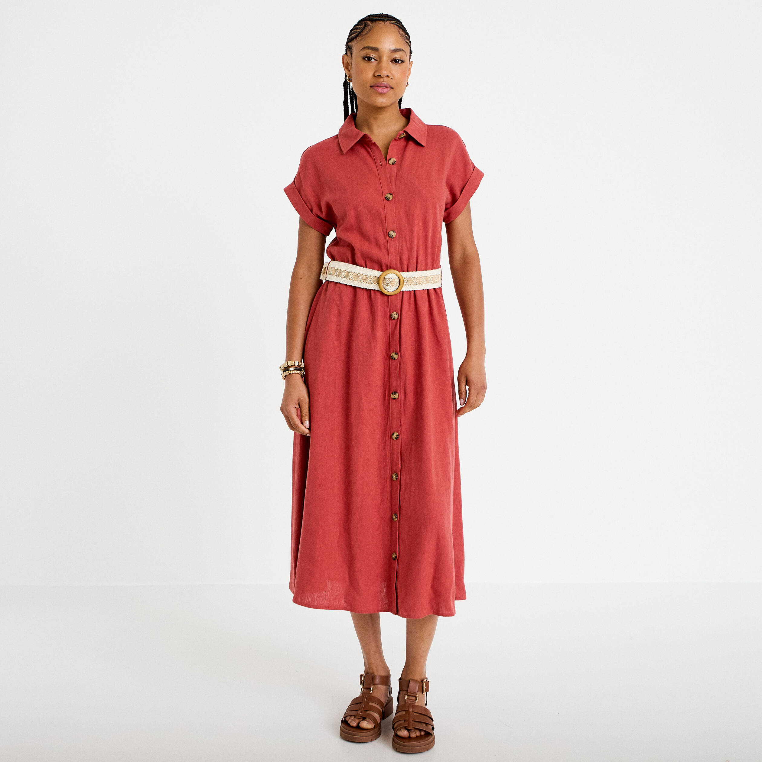 Robe &eacute;vas&eacute;e avec ceinture amovible vieux rose femme