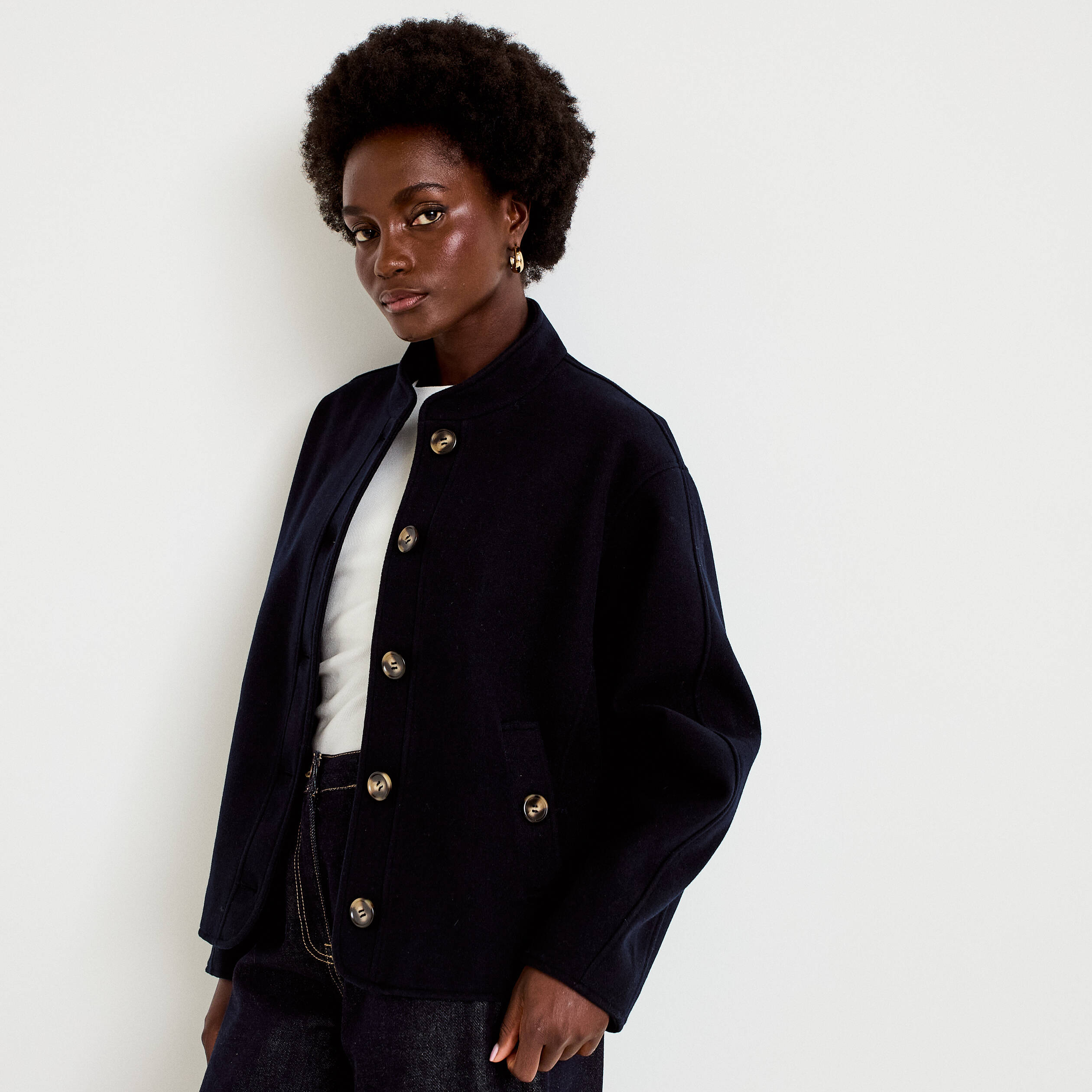 Veste droite col mao manches longues bleu marine femme