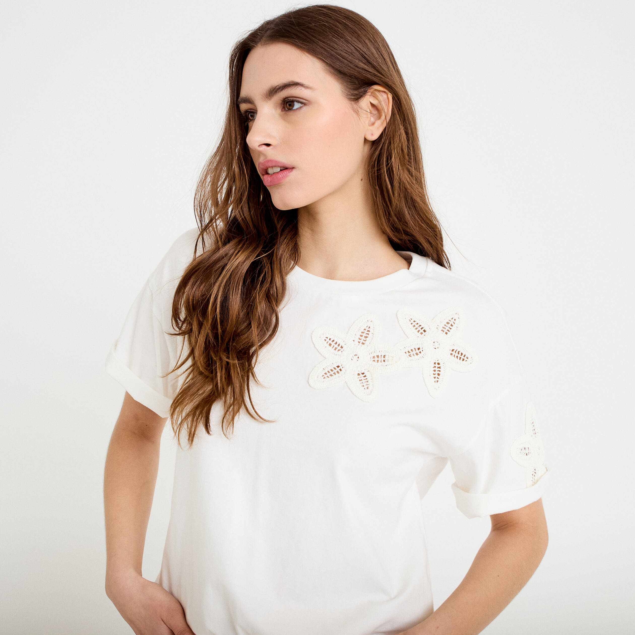 T-shirt col rond manches courtes ecru femme