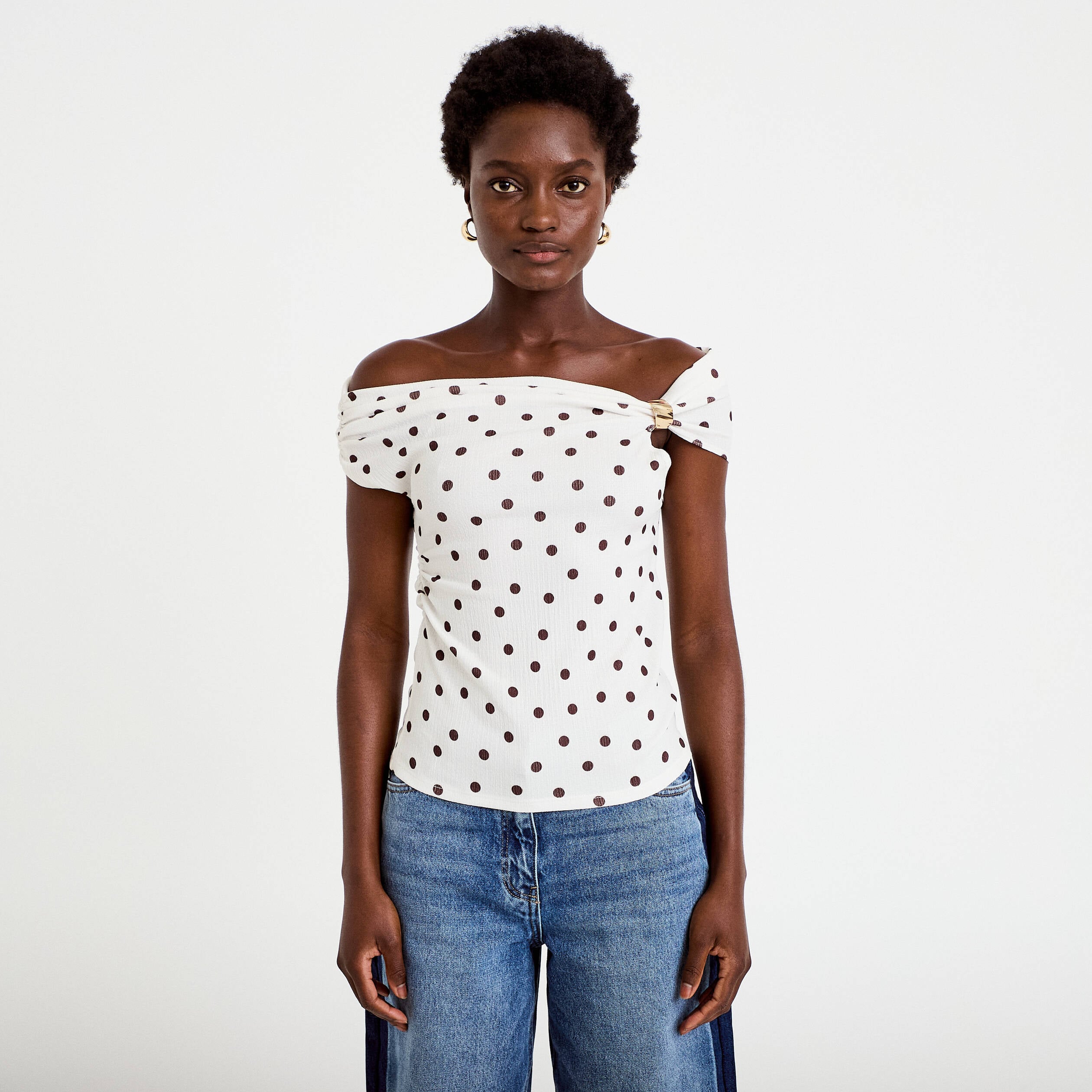 Top pliss&eacute; col bardot sans manches blanc femme