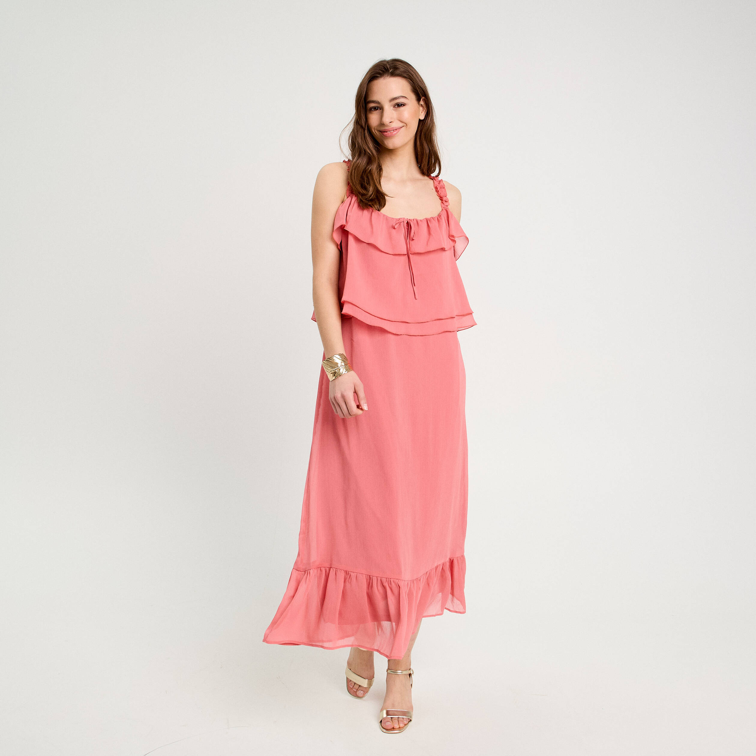 Robe longue droite volants rose pastel femme