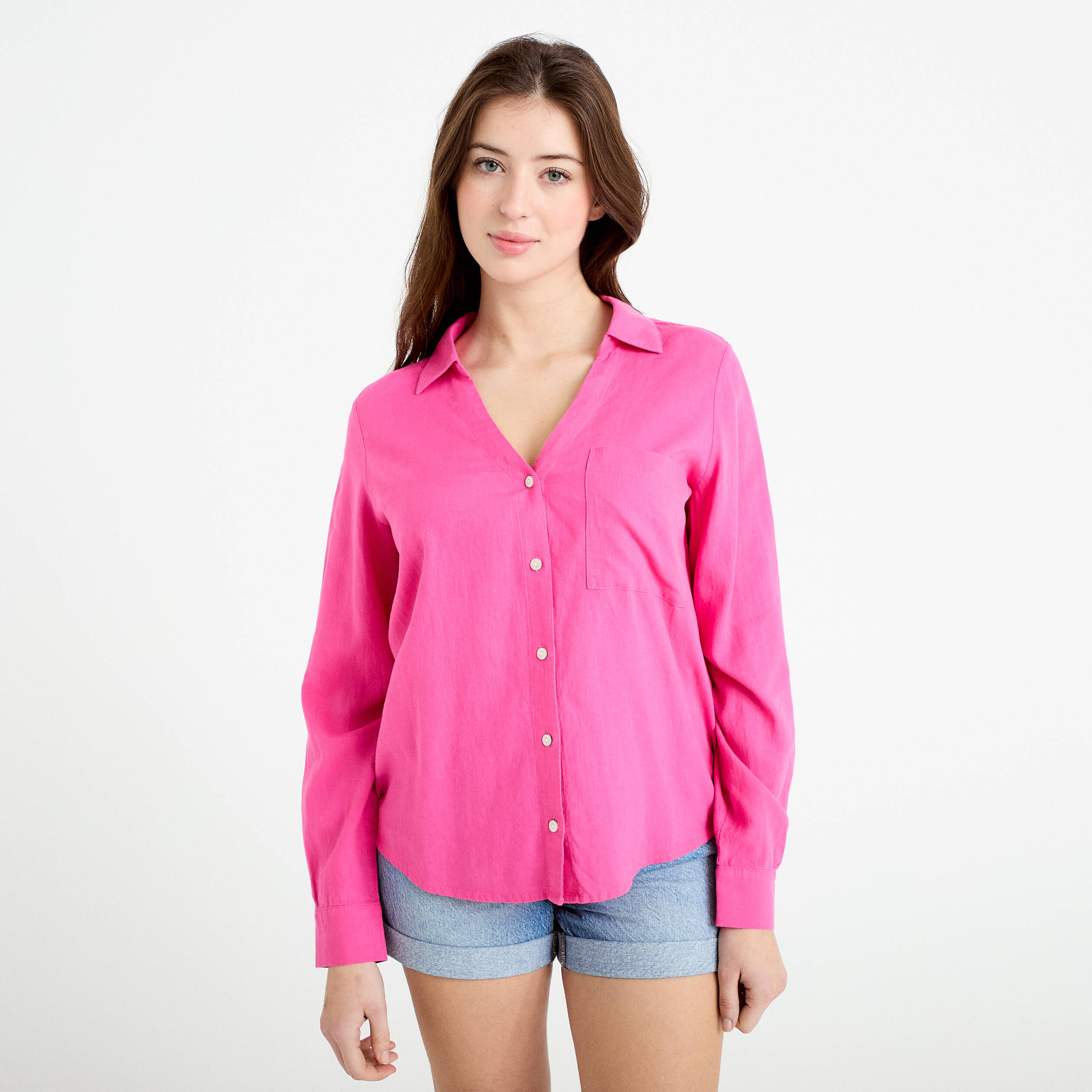 Chemise lin col V manches longues rose femme