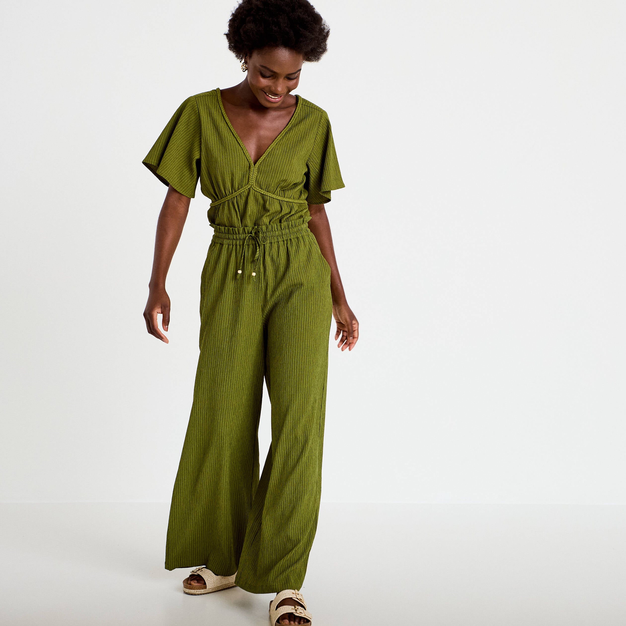 Pantalon large fluide taille haute vert kaki femme